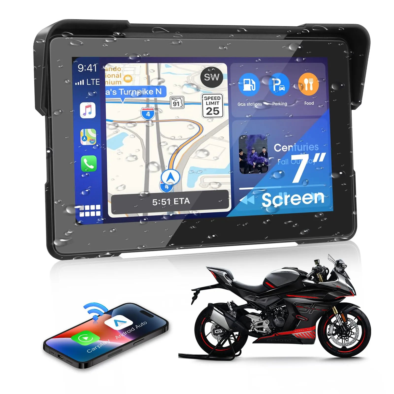 Carplay Moto e Android Auto 7 Pollici Navigatore Moto Portatile Senza Fili con Motociclette Navigazione, Supporto Siri/G-oogle Assistant, Bluetooth, IP67 Impermeabile per il Viaggio Pendolare