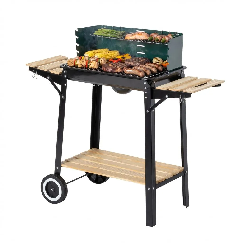aro Barbecue a carbonella, acciaio/legno, quadrato, 2 griglie e 2 ripiani laterali, con 2 ruote, paravento incluso, verde