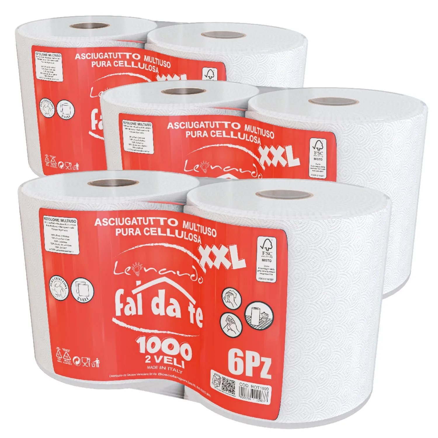 Leonardo Fai Da Te Rotoloni Asciugatutto - 1000 Strappi - 2 veli - pura cellulosa - Ideale per Uso Alimentare, casalingo e industriale. Carta 100% certificata. Prodotto Made In Italy.