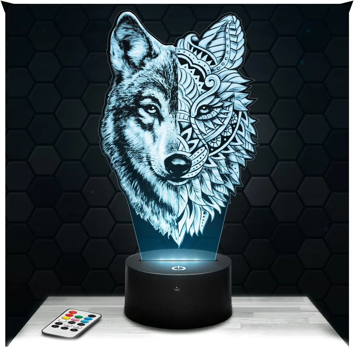 Lampephoto.fr - Lampada 3D Lupo Double Face, Decorazione Animale Realistico Mandala, Idea Regalo Uomo Donna oggetto Lupo Luce Notturna Adulto Decorazione Camera, Idea Regalo Natale Originale TOP