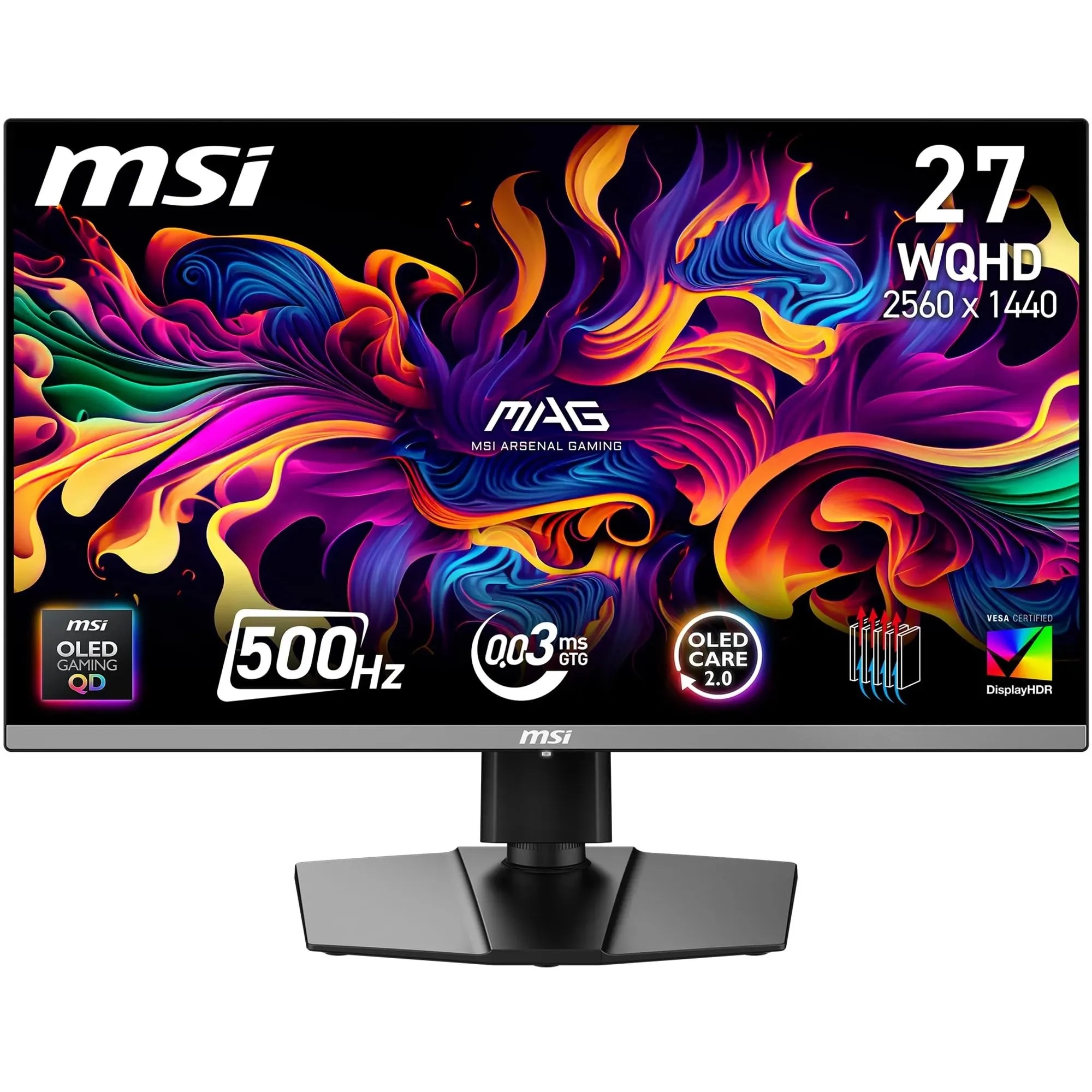 MSI MAG 272QP QD-OLED X50, monitor gaming 27" WQHD, 2560x1440, pannello Quantum Dot OLED, 500Hz, 0,03 ms, DisplayHDR True Black 500, HDMI 2.1, DP 1.4a, USB-C (15W PD), regolazione inclinazione/altezza