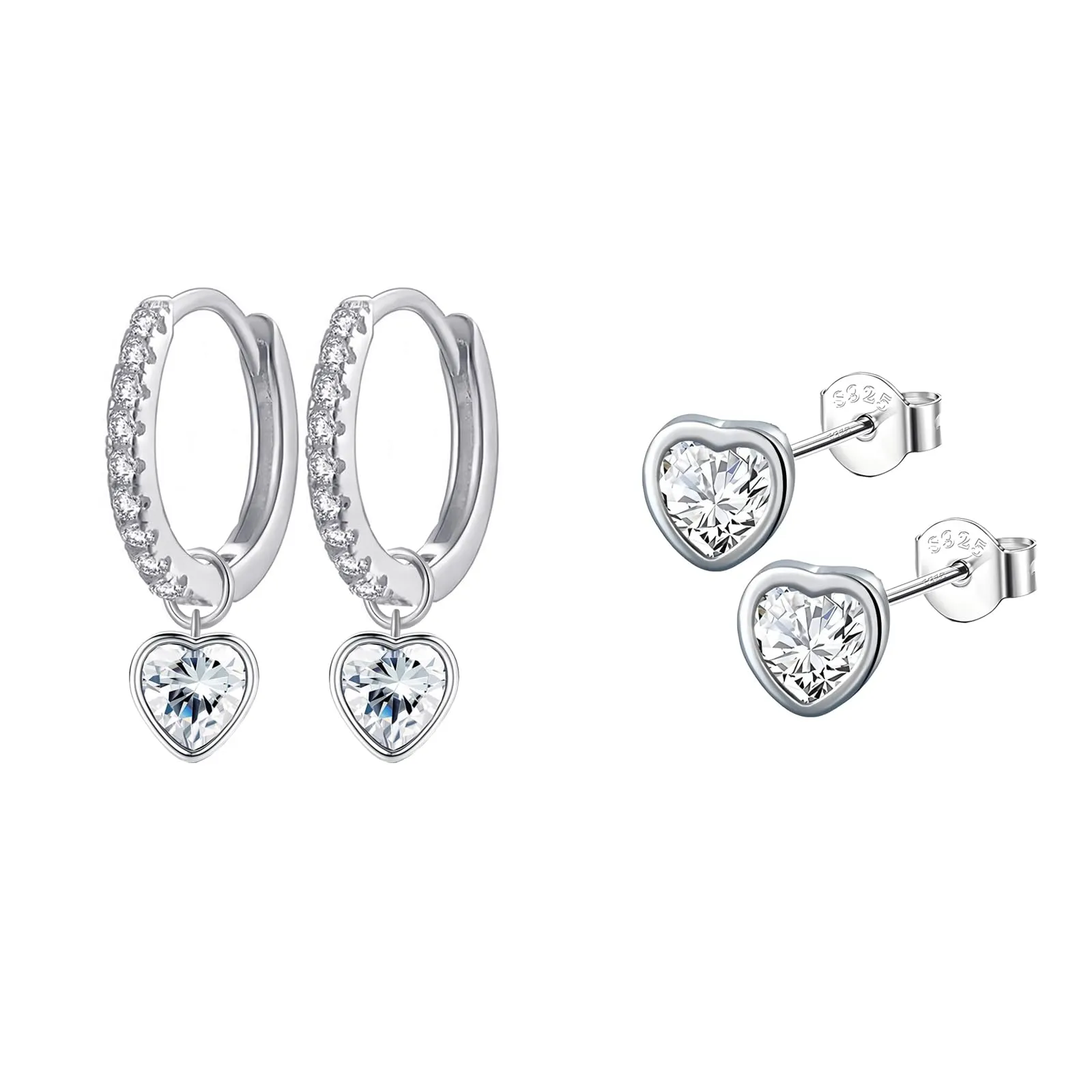 Epoch World 2 Paia Orecchini Argento 925 per Donna Ragazze Orecchini Cuore in Argento Sterling 925 da Donna Piccoli Orecchini a Cerchio Pendenti con Zirconia Cubica Orecchino