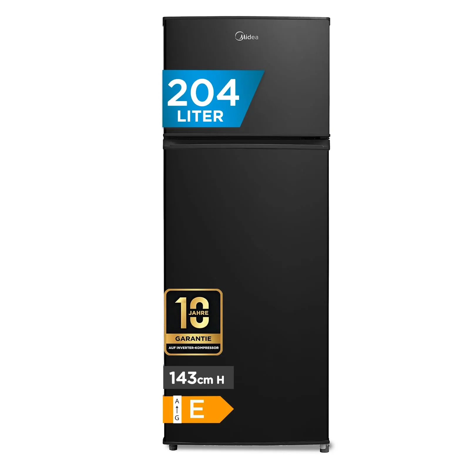 Midea MERT210FGE30 Frigo-congelatori doppia porta 204 L, Congelatore da Montare in Alto, 176kWh/annum, controllo della temperatura regolabile, Luce LED, Nero