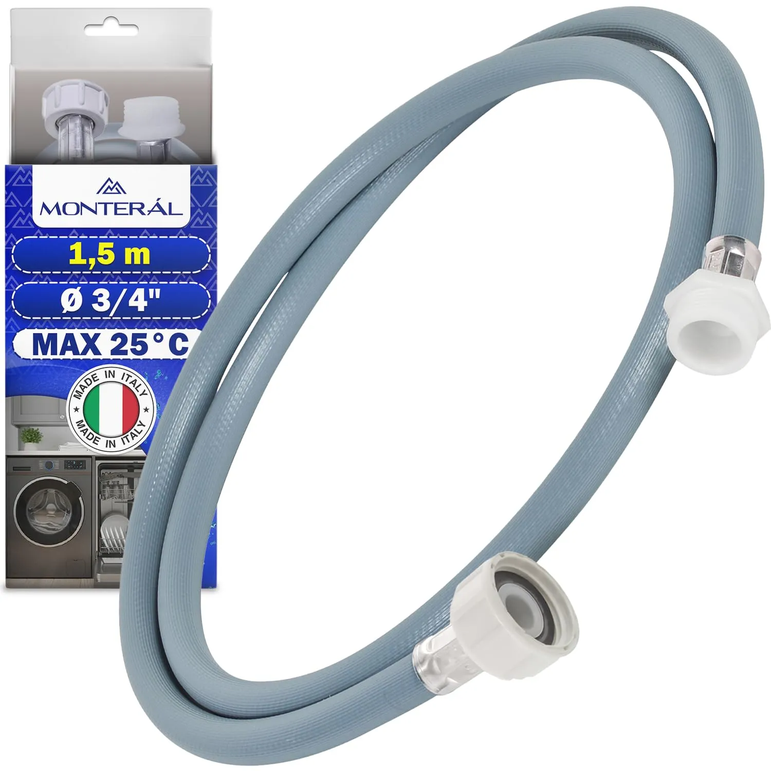 Prolunga Tubo Carico Lavatrice e Lavastoviglie 1,5 m per Temperature fino a 25°C Pressione da 20 a 60 Bar Connessione Ø 3/4" - MADE IN ITALY - MONTERAL