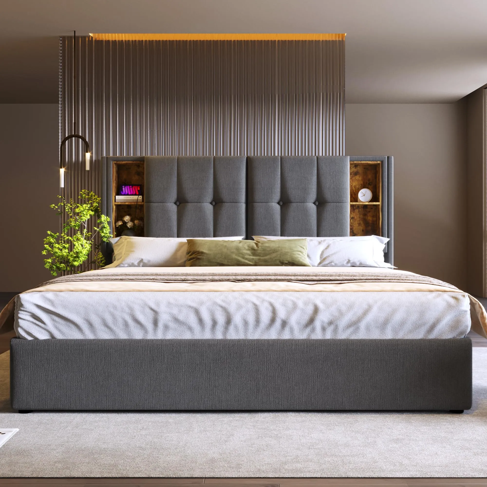 Lussuoso letto imbottito 160 x 200 cm con vano portaoggetti, ricarica wireless e USB-C – Grigio, Cotone – Struttura del letto con rete a doghe in legno – Design moderno per un sonno riposante (senza
