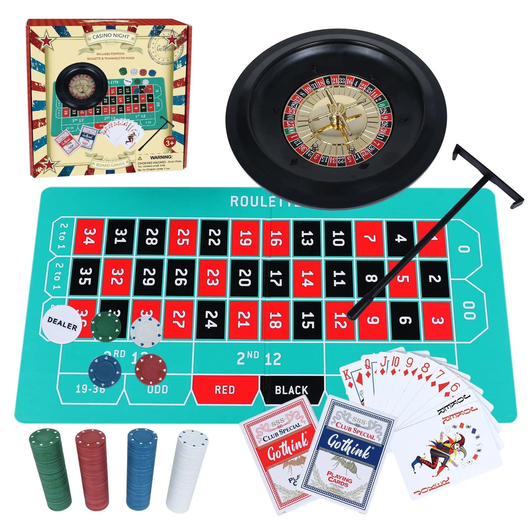 GOTHINK Roulette Wheel Game Set, include 10 "Gambling Wheel, 200 Chips, Rake, 2Balls e Texas Hold'em Poker, perfetto per feste e vacanze, ottenere per una divertente serata al casinò!