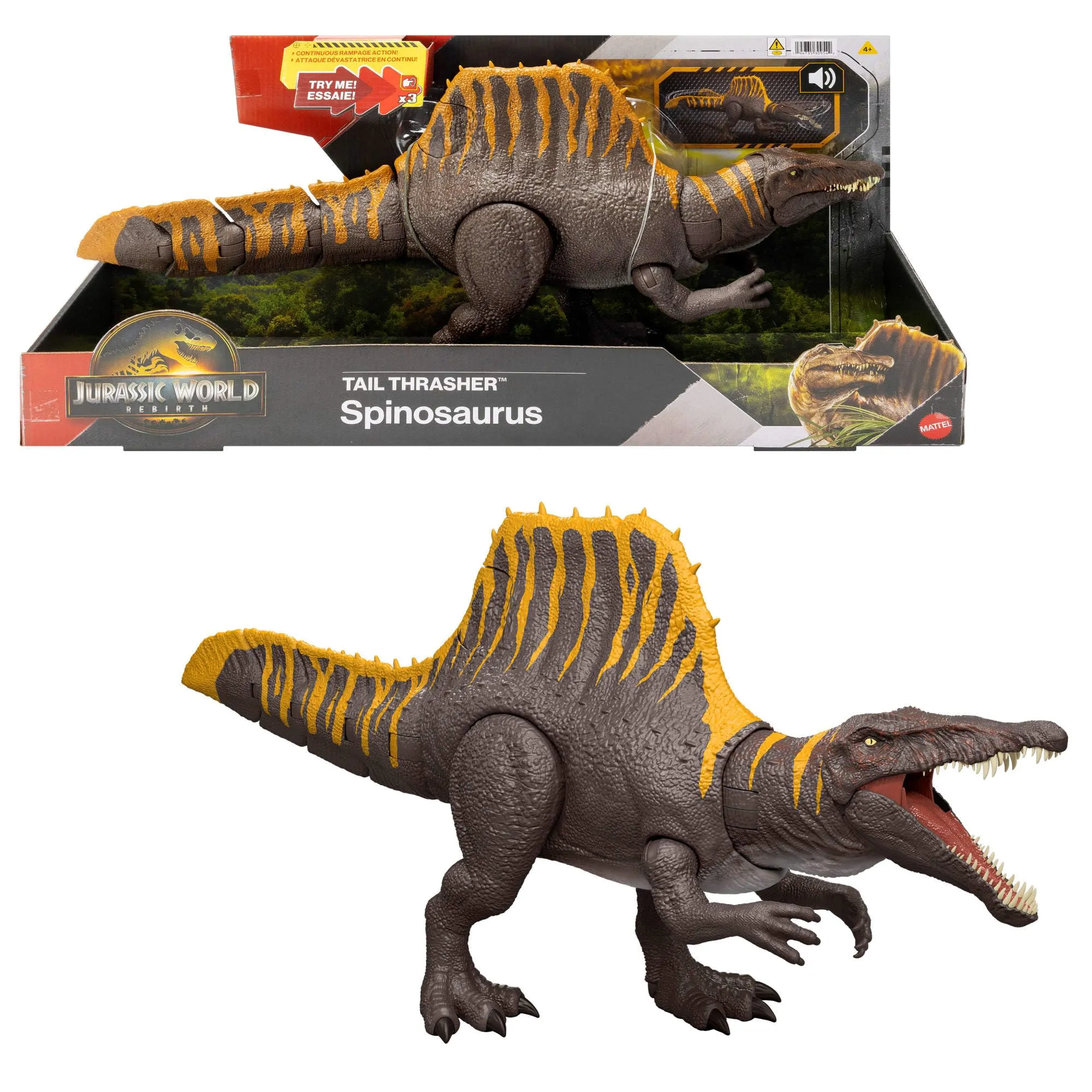 Mattel Jurassic World La Rinascita, personaggio giocattolo, action figure Spinosauro Coda Letale con 2 mosse d'attacco, snodabile e con dettagli di qualità cinematografica, gioco digitale, JGB57
