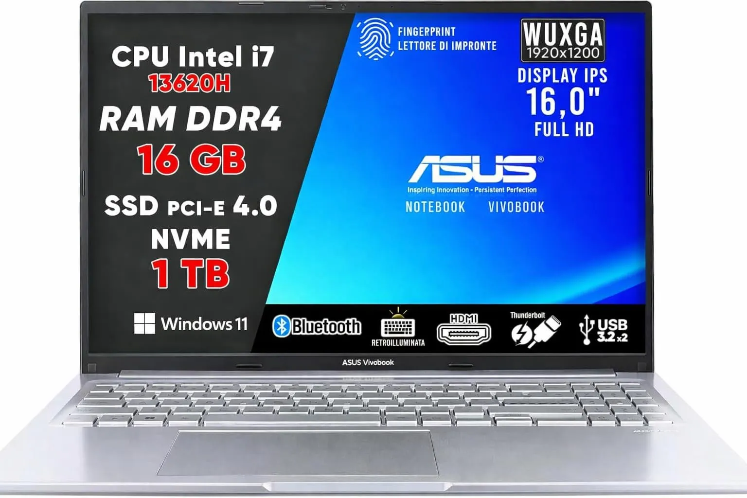 ASUS VivoBook Pc Portatile, Notebook i7 13620H, RAM DDR4 32Gb, SSD 1Tb PCI-e 4.0, DISPLAY IPS WUXGA 16,0" FULL HD, Computer Portatile Laptop con Tastiera Retroilluminata, Fingerprint 16 Pollici
