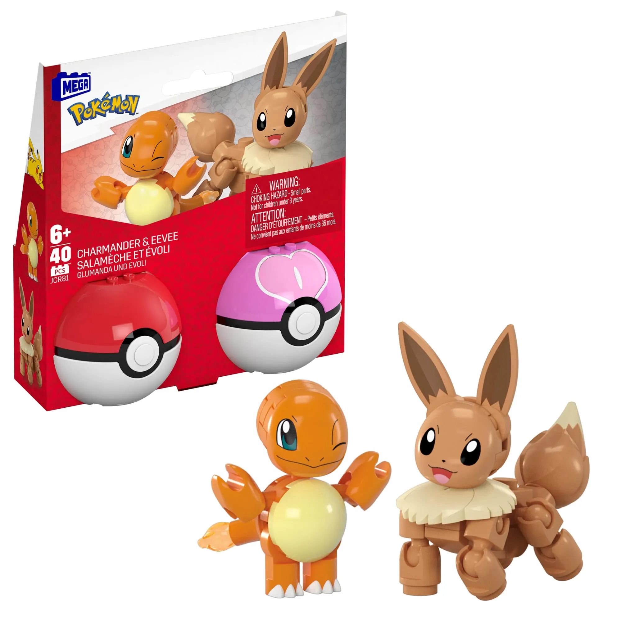 MEGA Pokémon - Set Poké Balls con Charmander ed Eevee, set da costruire con 40 pezzi, apri le Poké Balls e costruisci i 2 personaggi Pokémon inclusi, giocattolo per bambini, 6+ anni, JCR81