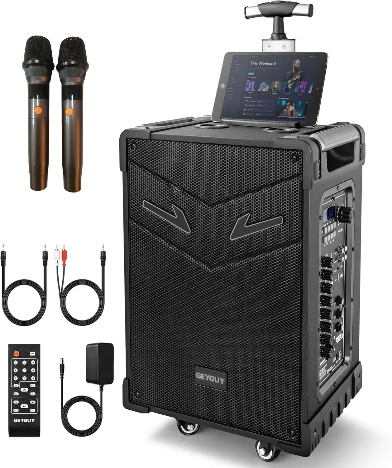 Cassa portatile con 2 microfono wireless 10" 550W, Altoparlante Karaoke Bluetooth potente professionale, Attiva PA Amplificata impianto Registrazione DSP/Radio FM/USB/TWS/TV GTSK10-3