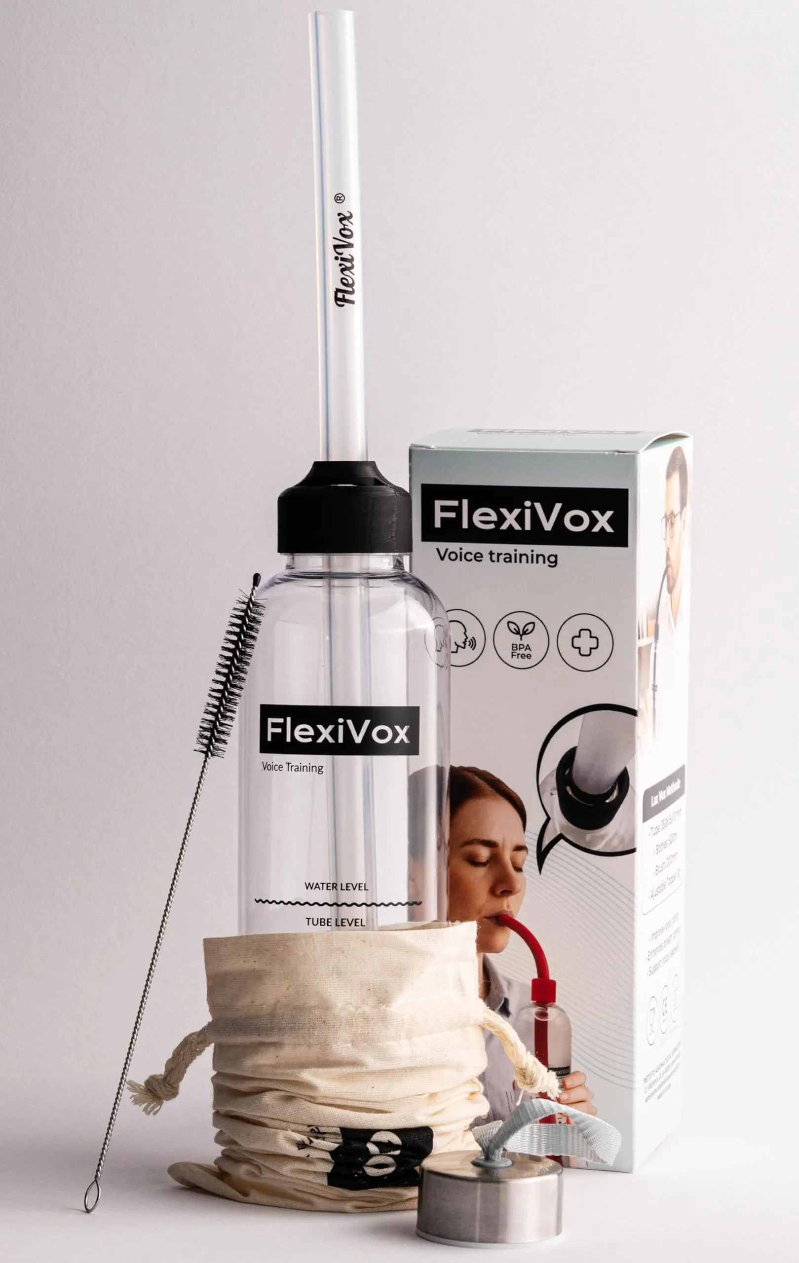 FlexiVox® Allenamento vocale con il metodo Lax Vox | Include tubo del metodo Lax Vox rivestito con talco asettico + Borsa per il trasporto + Bottiglia + Spazzola + QR Ebook (Trasparente)