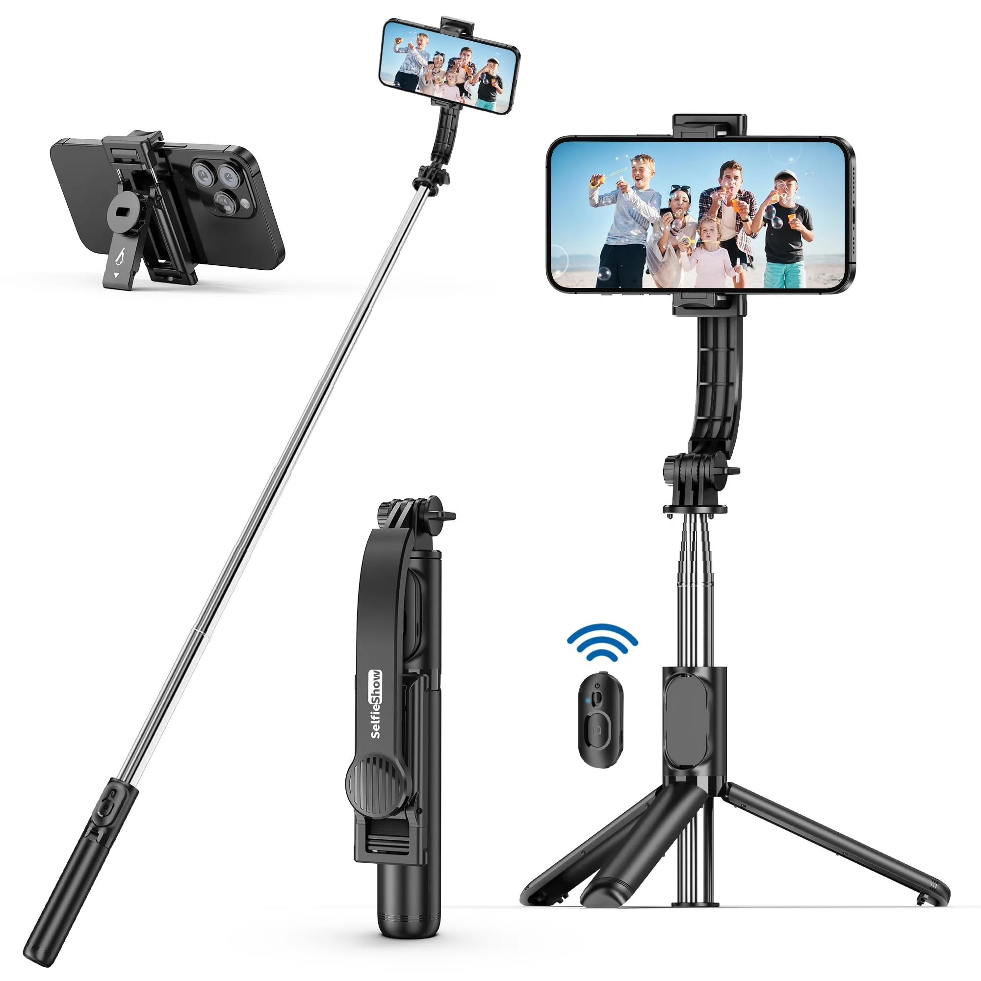 SelfieShow Bastone Selfie per Iphone, 106cm Estensibile Selfie Stick Monopiede 4 in 1 Asta Bastone Selfie Treppiede con Telecomando Wireless Rimovibile per iPhone Samsung Huawei Smartphone