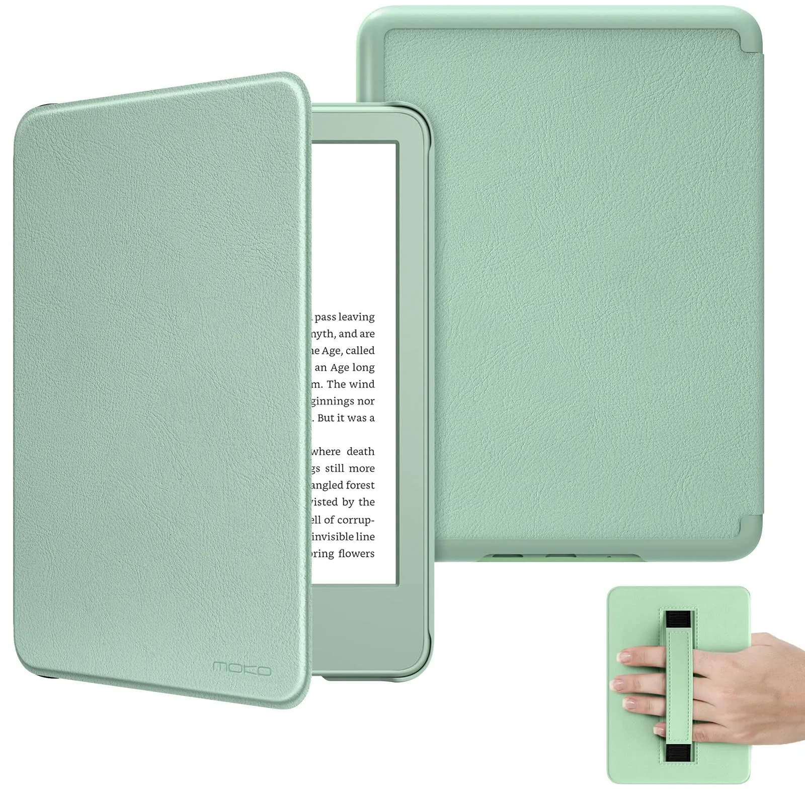 MoKo Custodia per Nuovo Kindle da 6" (11a Generazione-2024/2022), Cover a Conchiglia Leggera con Cinturino per la mano con Auto Sonno/Sveglia per Kindle 11a Generazione 2024, Verde Agave