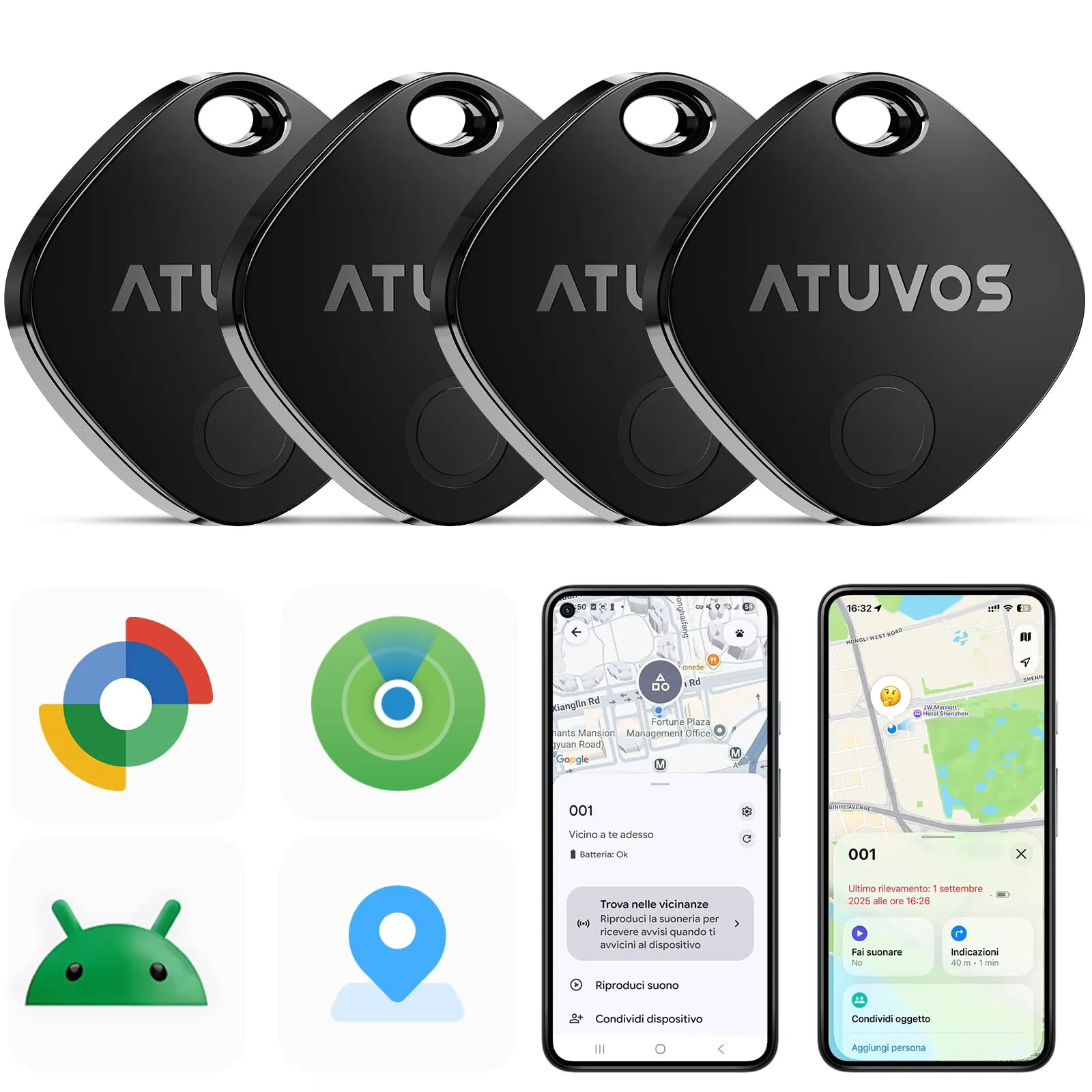 ATUVOS Dual System Air Tag Pro Tracker 4 pezzi Nero, Localizzatore Bluetooth Funziona con Android Google Funzioni Trova o iOS Apple Dov'è APP (Huawei non Supportato), per Bagagli, Borse, Portafoglio.