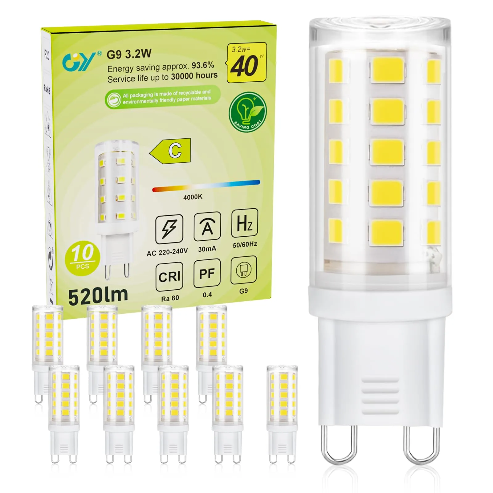 GY Lampadine LED G9, 3.2W Equivalente Alogena G9 50W, 520 Lumen, 4000K Lampadine G9 LED Luce Naturale, Lampade LED Attacco G9, Risparmio Energetico, Senza Sfarfallio, Non Dimmerabile, 10 Pezzi