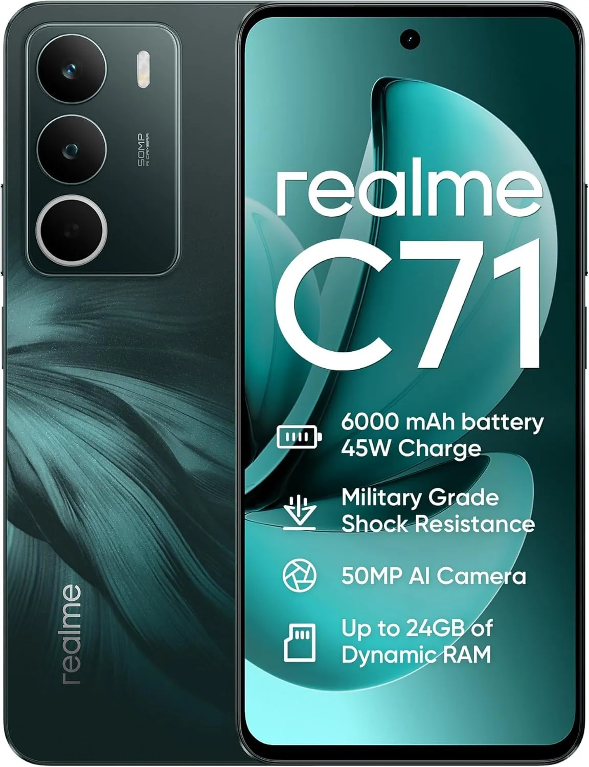 realme C71 Smartphone 8+256GB, Batteria 6000mAH, Ricarica Veloce 45W, Fotocamera 50MP AI, Chipset Octa-Core, Display 6.67'' 120Hz Eye Comfort, IP54 (Senza Caricatore) - Verde