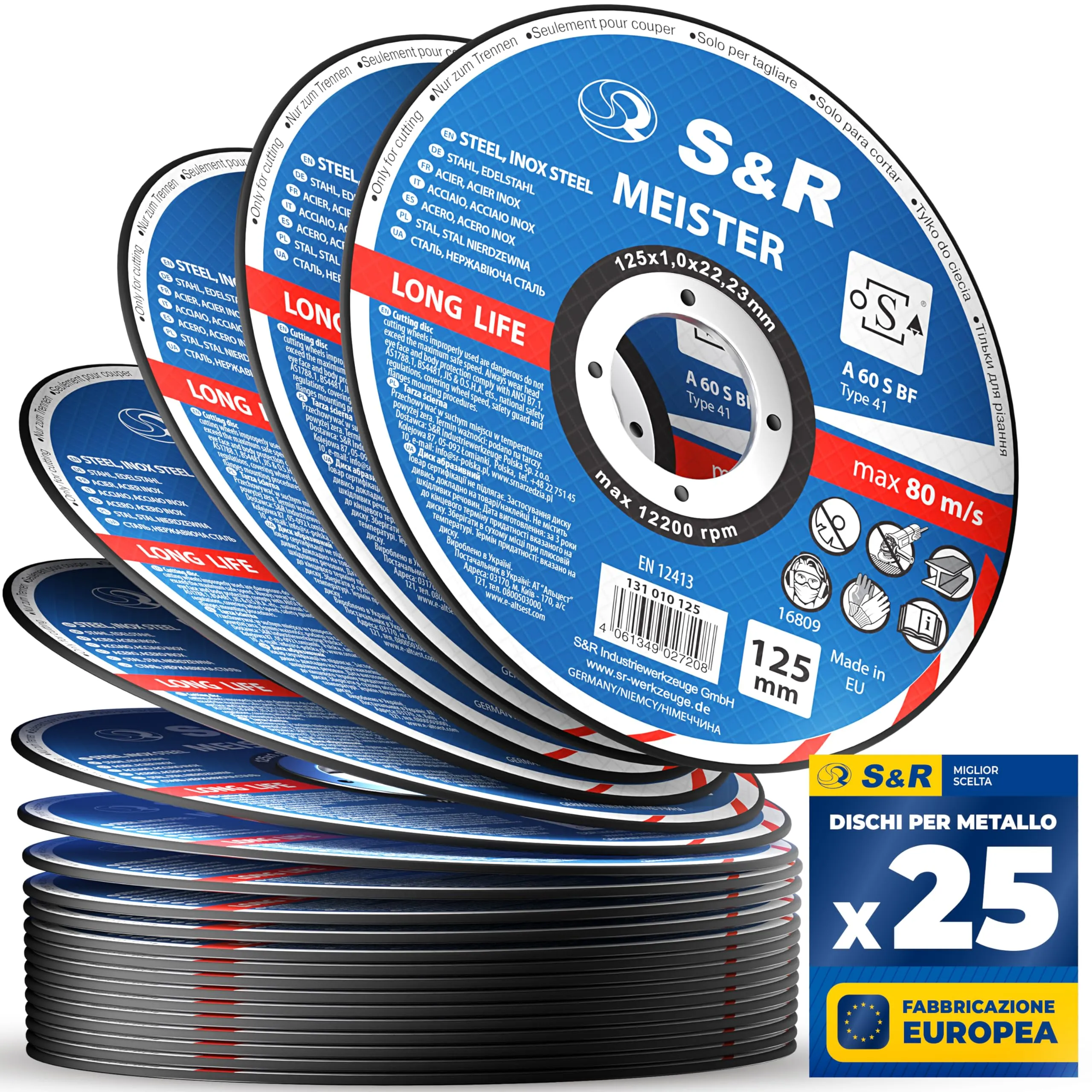 S&R Dischi Mole da Taglio Ferro Metallo e Acciaio Inox per Smerigliatrice (125 x 1 mm) 25pz Disco per metallo ultra sottile 1 mm.