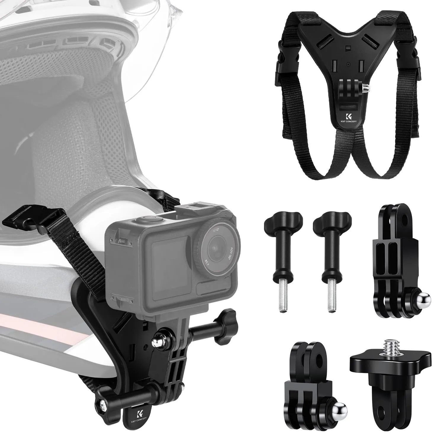 K&F CONCEPT Telecamera d'azione Moto Dirt Bike Supporto per Cinturino al Mento, Supporto per Casco Attacco per GoPro Hero 13/12/11/10/9/8/7/6/5/4, DJI Osmo Action 5Pro/4/3/360, Insta 360 X5/X4/X3