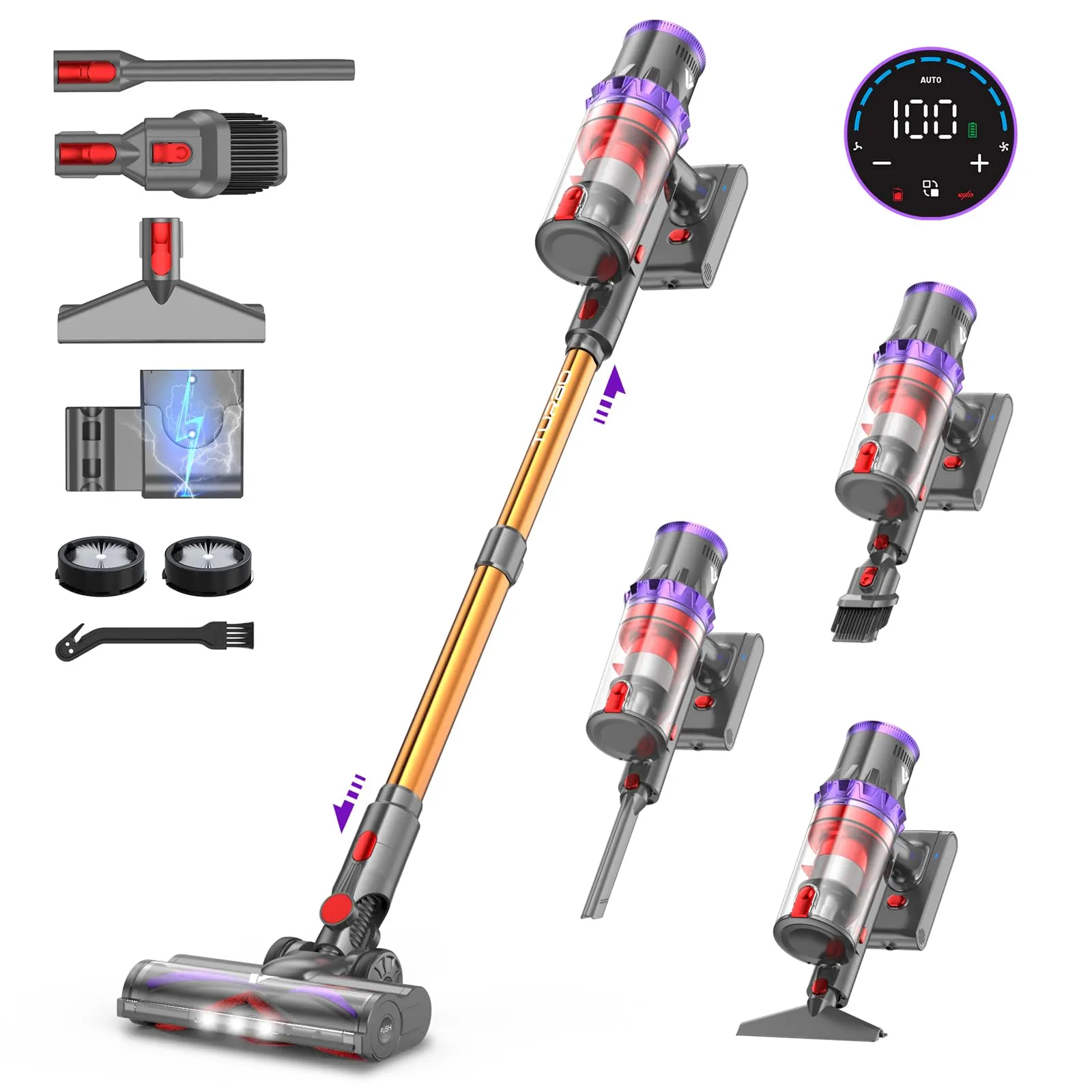 coovy 580W/55000Pa Aspirapolvere senza Fili SU7, Scopa Elettrica senza Filo Potente 75 Min Autonomia con LED Touchscreen Anti Groviglio per Tappeti Pavimento Peli Animali