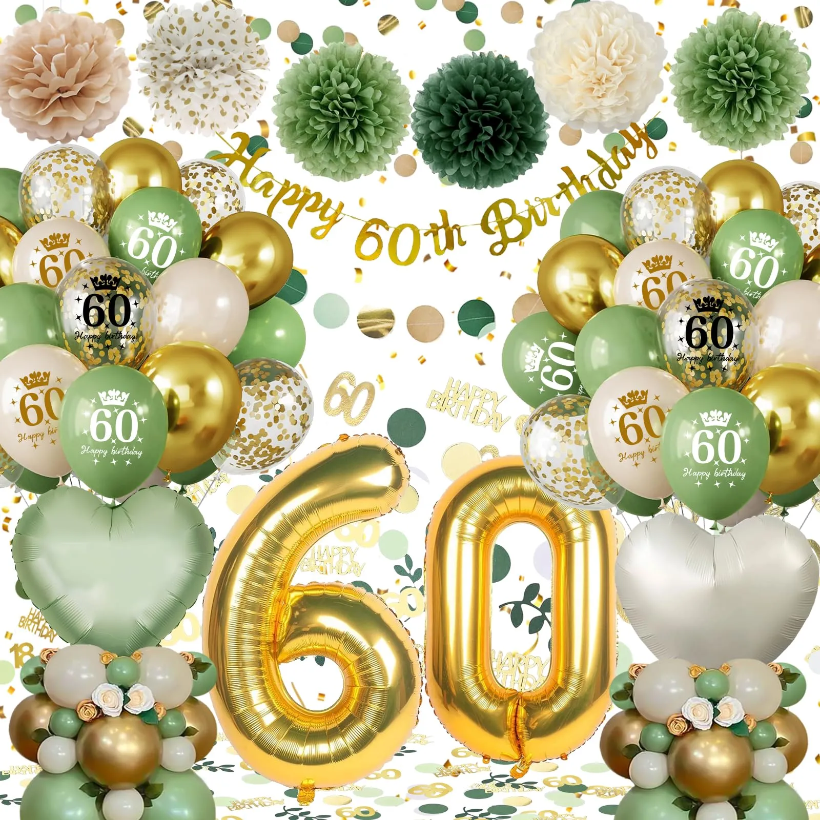 Palloncini 60 Anni Compleanno Verde Oro,Decorazioni 60 Anni Compleanno Donna Uomo,Festone Happy 60th Birthday,Palloncino Cuore,Pompons, 60 Anni Decorazioni Festa Compleanno