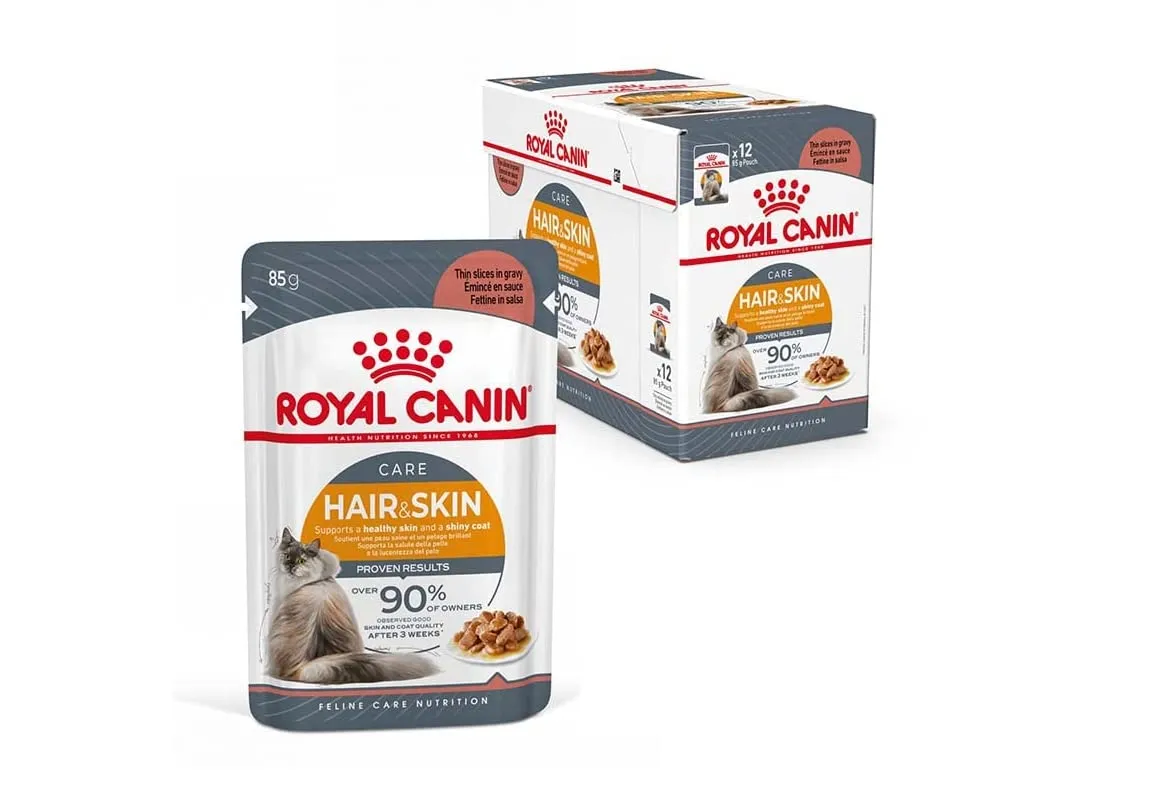 Royal Canin Hair & Skin Care Gravy | 12 x 85 g | Alimento completo per gatti adulti | Gettoni fini in salsa | Può contribuire a un pelo sano