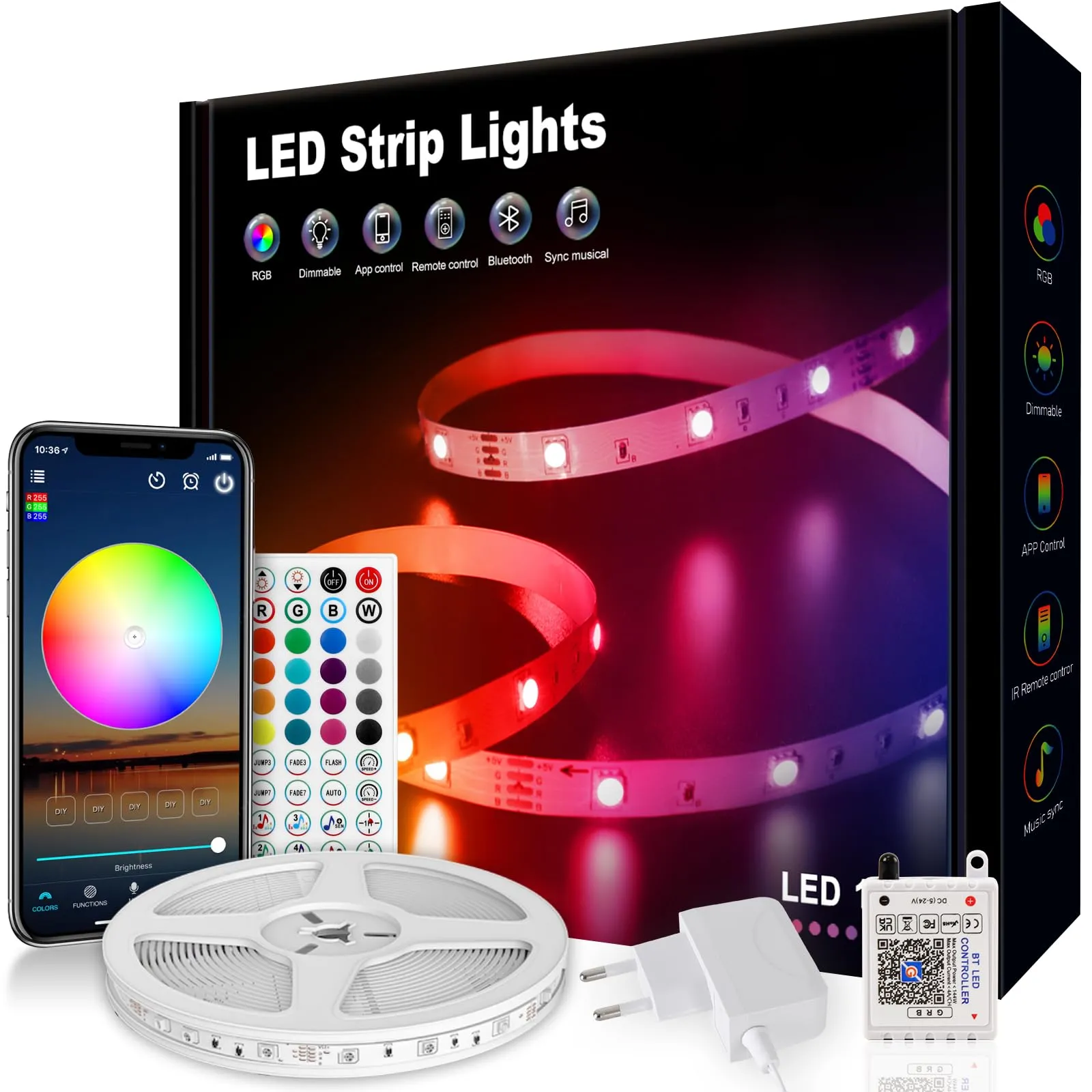 VKH Striscia LED 10 Metri, 5050 RGB Colorate con Telecomando e App, Sincronizza Cambia Colore con la Musica, Luci LED per Camera da Letto, Cucina, Decorazione per Feste, Bar (1 * 10m)