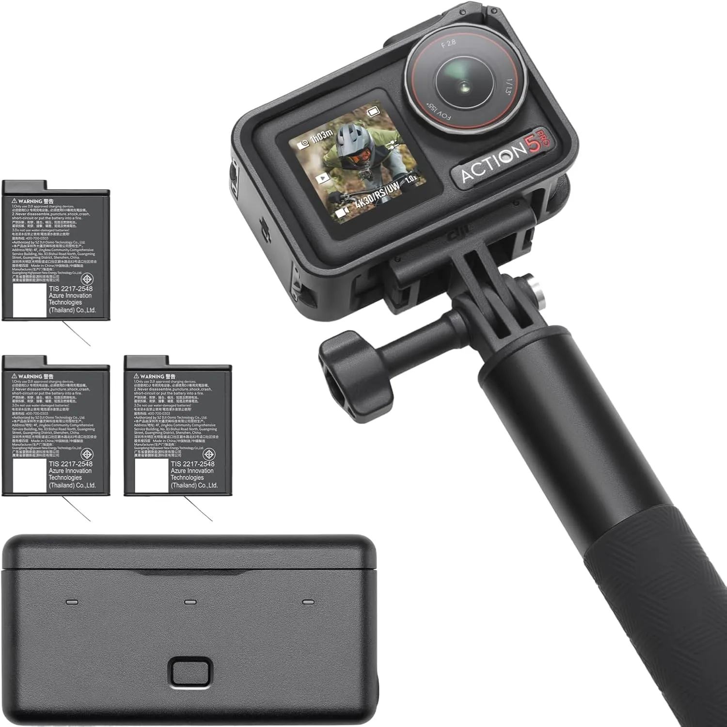 DJI Osmo Action 5 Pro Combo Adventure, action cam 4K con sensore 1/1.3", batteria lunga durata 12h con 3 batterie, stabilizzazione, due touchscreen OLED, mini action cam per viaggi, vlog, Singola