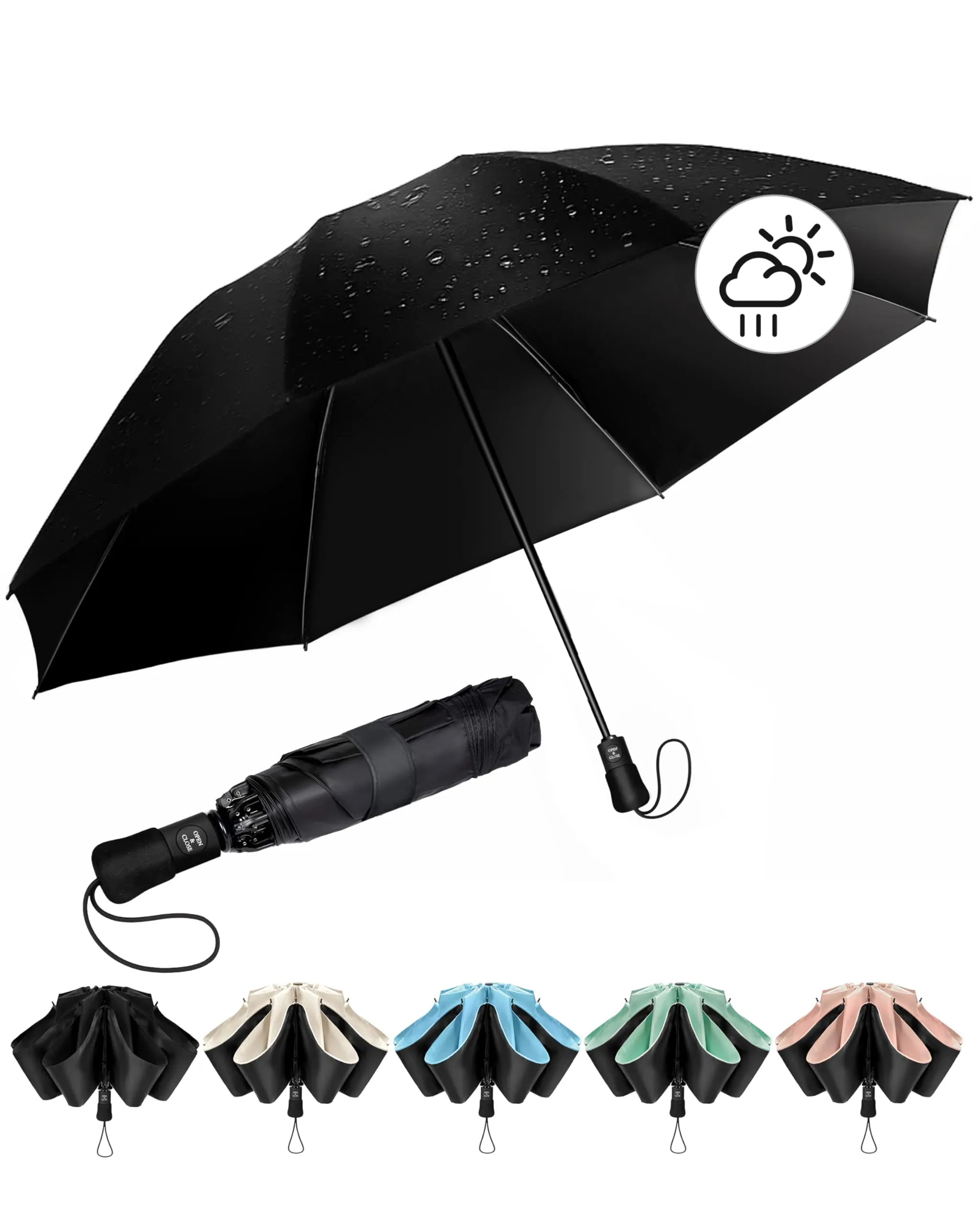 Chakipee Ombrello Pieghevole Pioggia Antivento UV da Viaggio - Ombrelli inverso Portatile per donna Automatico Apri Chiudi, Rivestimento in 210T Apertura 97 cm 8 Stecche, nero