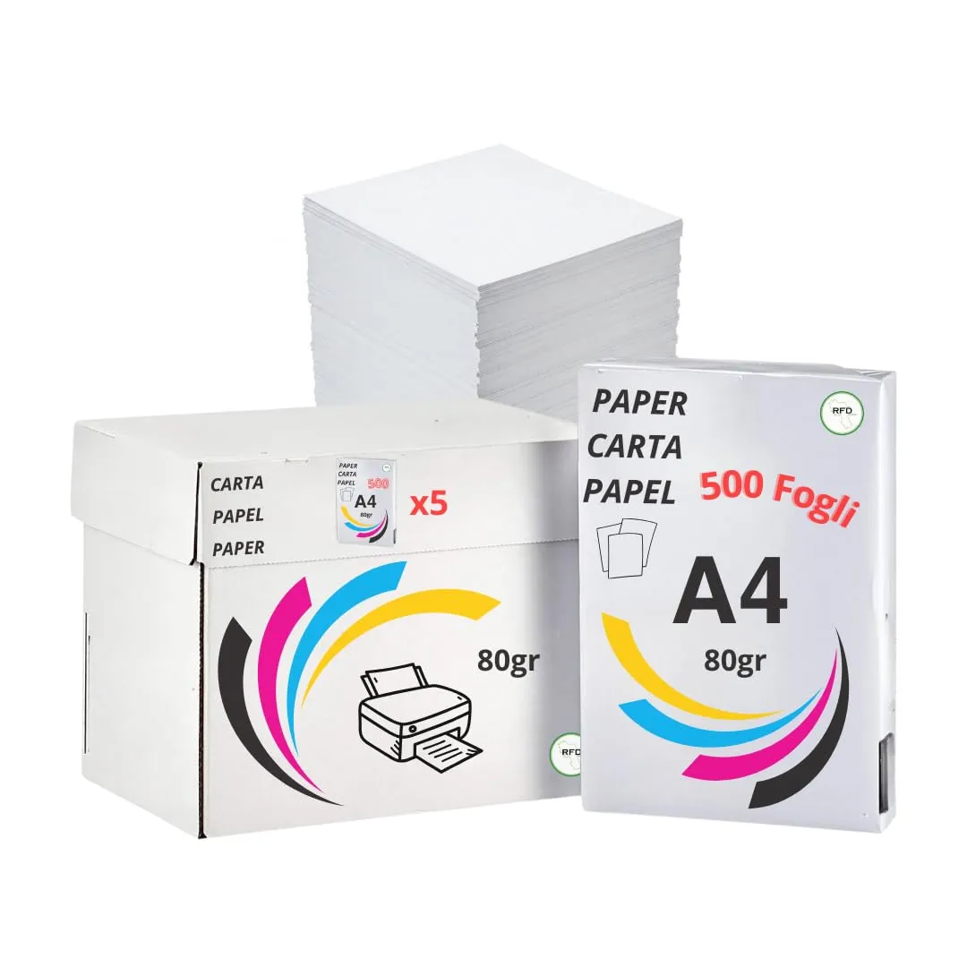 Carta da Stampa A4 Multiuso, Risma Foglio 80gsm,2500 Fogli 5 Risme da 500 Fogli di alta qualità - Carta per Fotocopie e Stampante A4 - Ideali per Ufficio e Casa Stampanti e Fotovopiatrici