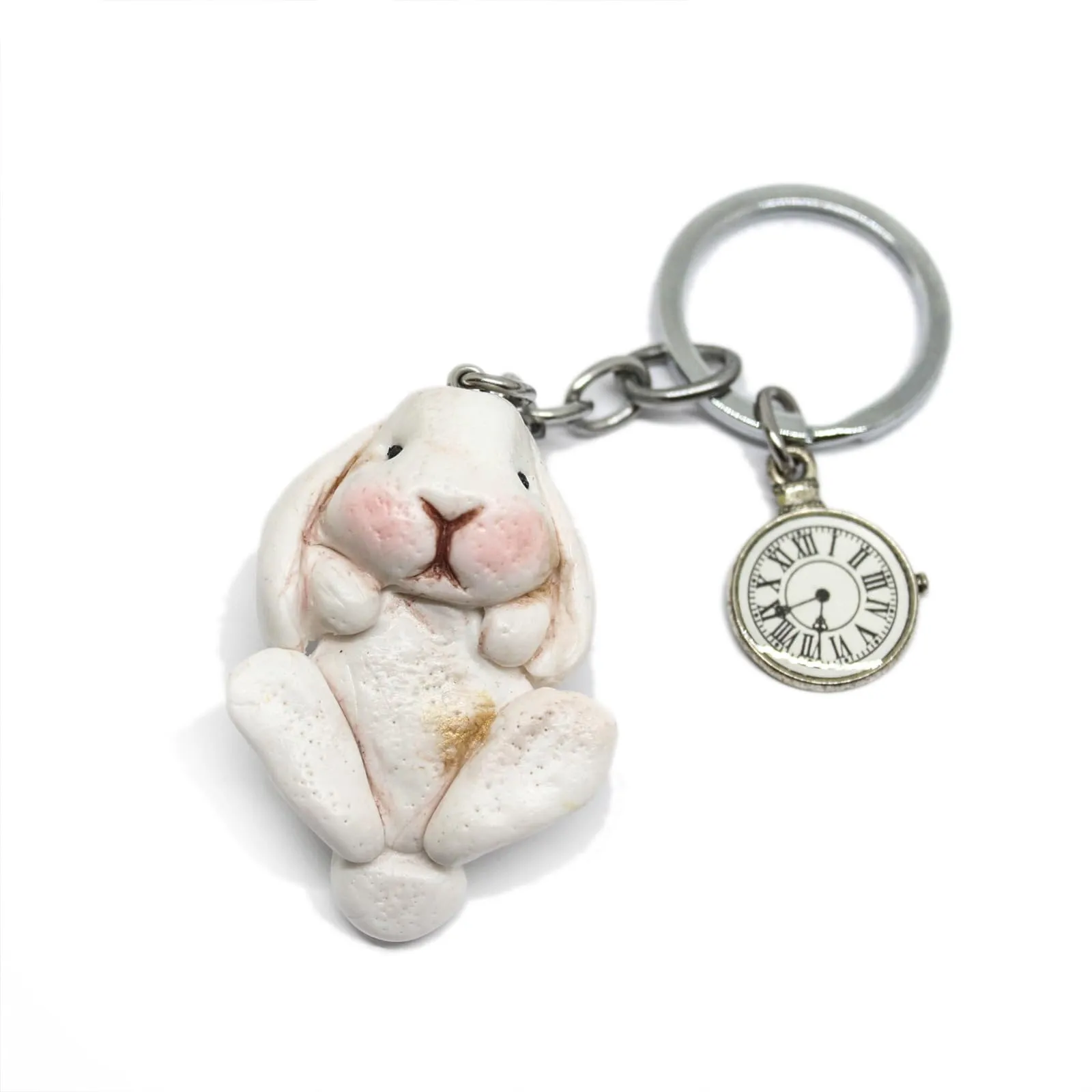 Portachiavi coniglio ariete bianco e orologio - portachiavi bianconiglio di Alice
