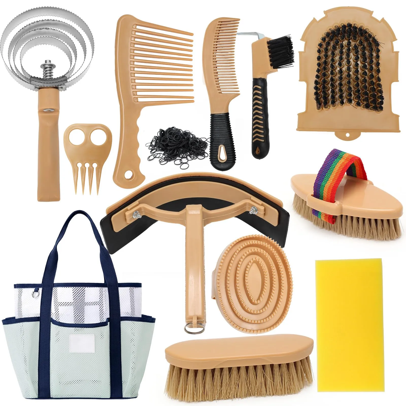 IDUNSEED Kit per la toelettatura del cavallo da 13 pezzi con 12 accessori e 1 borsa portaoggetti, Serie Horse Care, Giallo, Spazzole per cavalli, Spazzole in setola, Toelettatura del cavallo