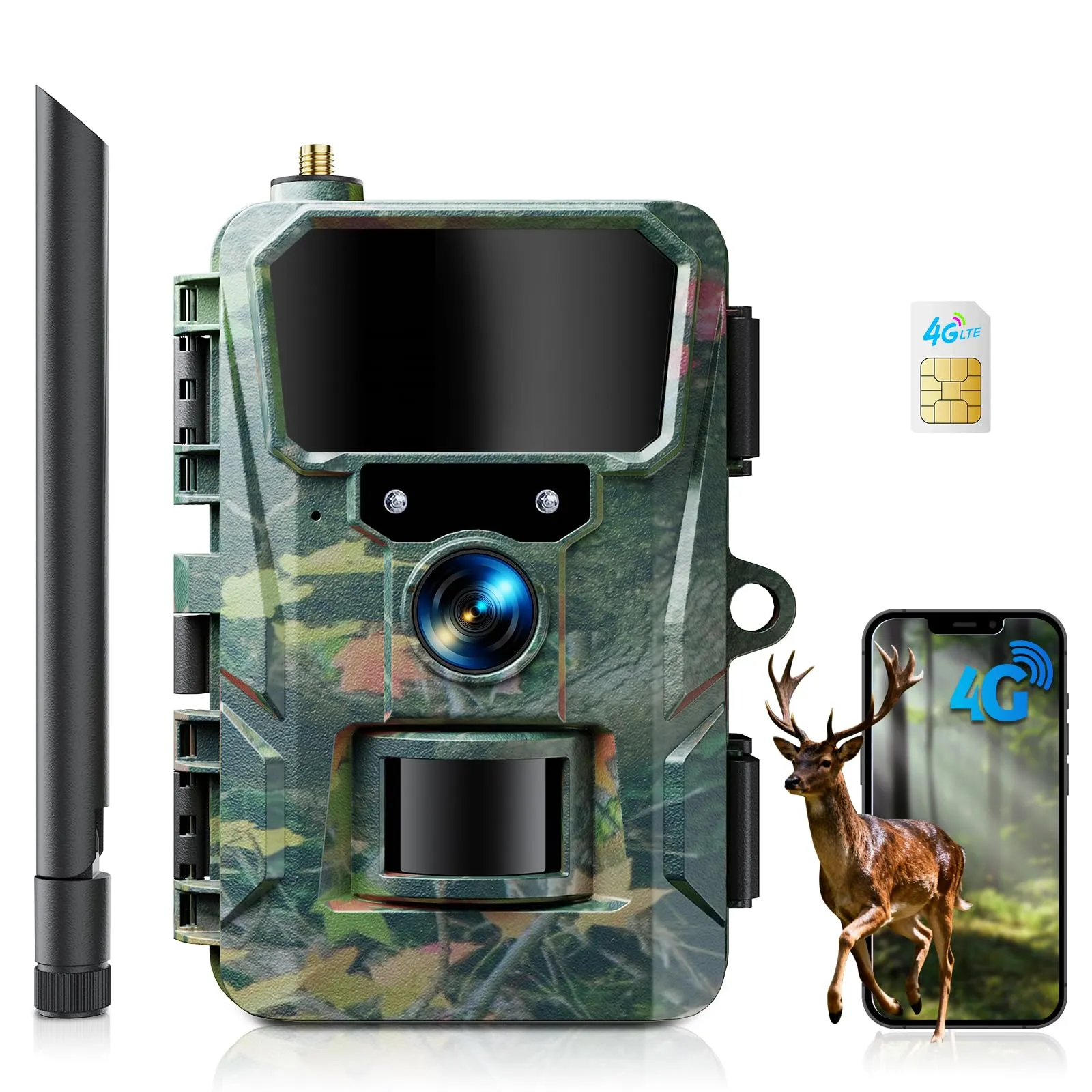 WOLFANG Fototrappola 4G con SIM, 2K 48MP HD Fotocamera Caccia con Infrarossi Rilevatore di Movimento Visione Notturna IP66 Impermeabile per la l'osservazione la Fauna