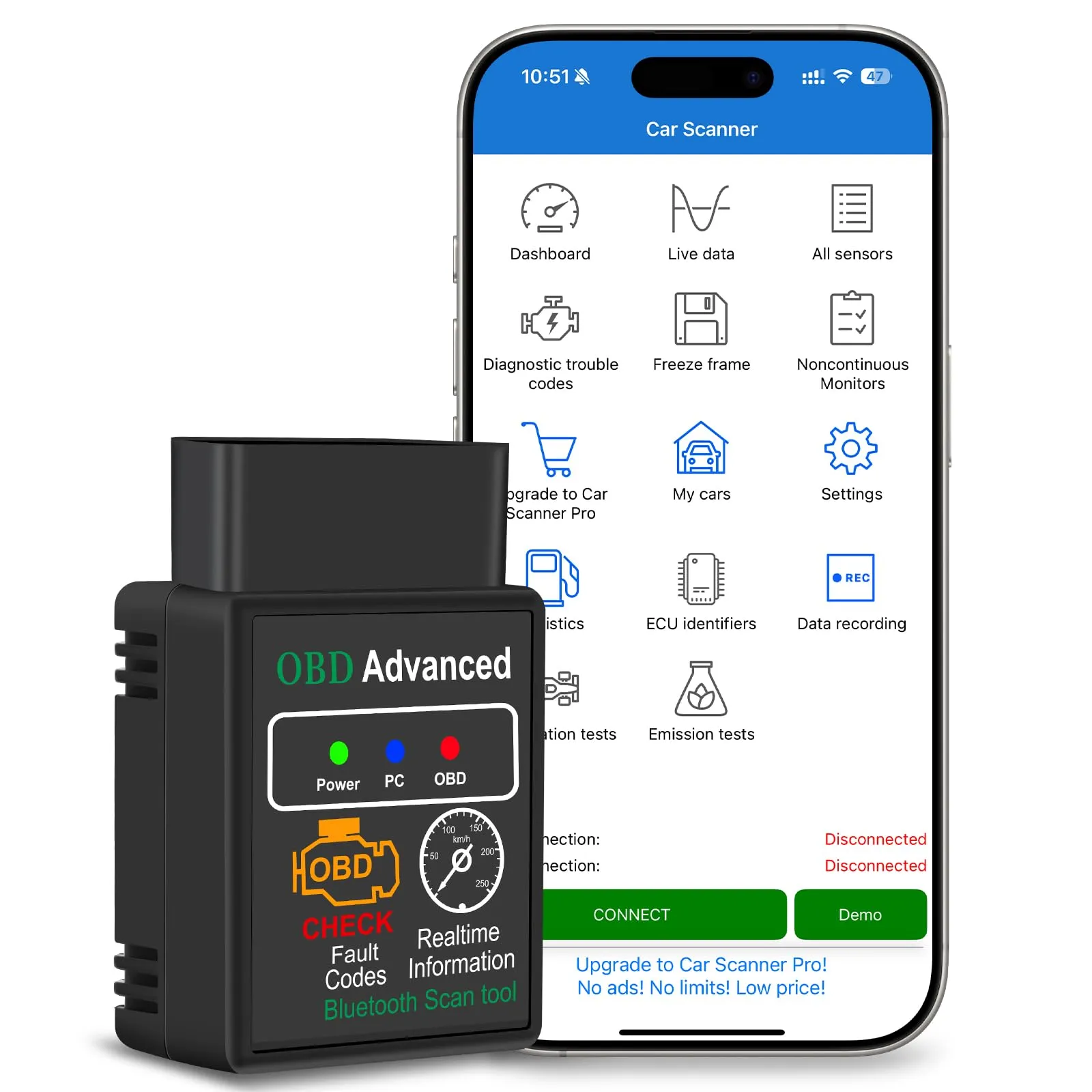 Yeecka OBD2 Auto Diagnostica con 10+ Lingue, Bluetooth Diagnosi Auto Scansione dei Guasti del Veicolo, Scanner OBD2 per Auto con Protocolli Multipli per iOS, Android, Windows.