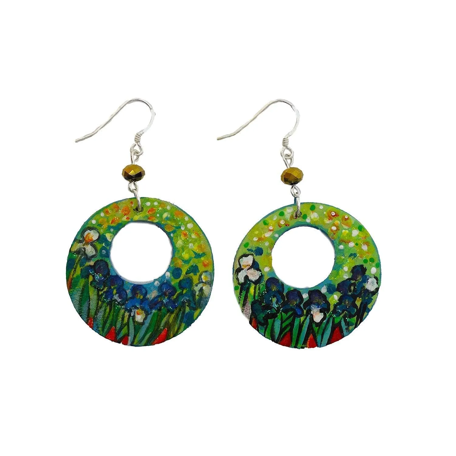 Orecchini dipinti a mano – IRIS DI VAN GOGH - Orecchini da donna, Gioielli in legno dipinti a mano, Gancio in argento, Made in Italy, Bijoux da donna decorati, Lavorazione Artigianale