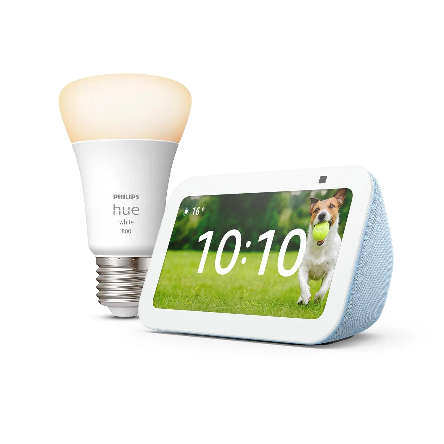 Echo Show 5 (3ª generazione) | Azzurro + Philips Hue White Lampadina LED Smart (E27), compatibile con Alexa - Kit di base per Casa Intelligente