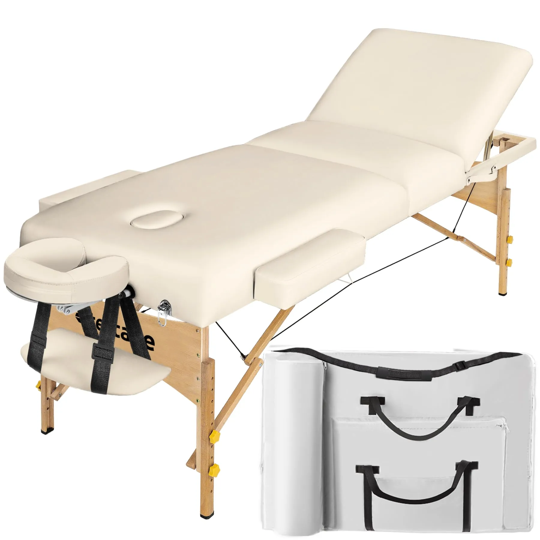 TecTake® Lettino Massaggio a 3 Zone, Struttura Robusta, Imbottitura 10 cm, Regolabile, Portatile e Pieghevole con Borsa per Trasporto - Beige
