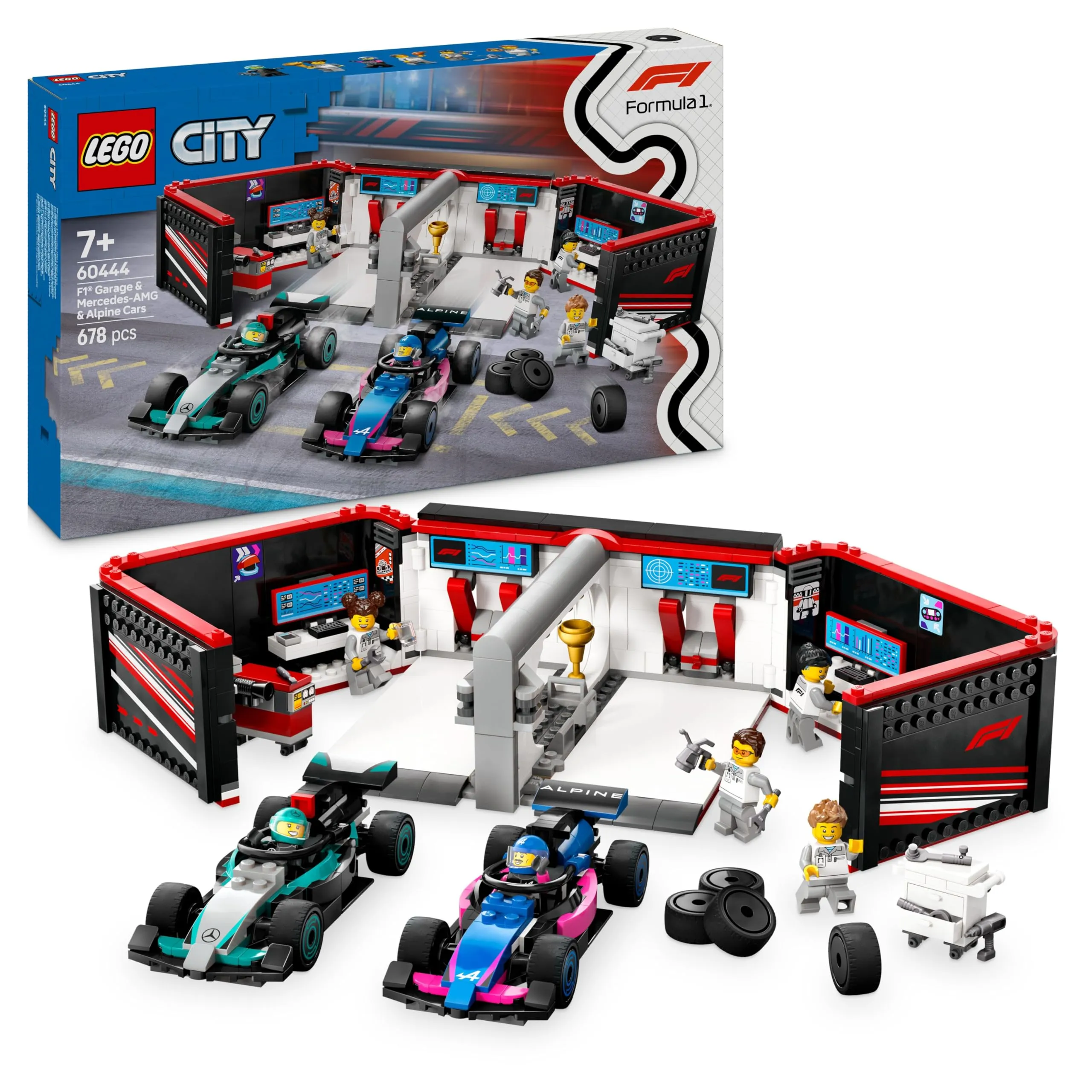 LEGO City Garage con Monoposto Mercedes-AMG e Alpine F1, Auto da Corsa Giocattolo con 2 Minifigure di Piloti e 4 Meccanici, Regalo per Bambini e Adulti Fan delle Macchine Giocattolo da Formula 1 60444