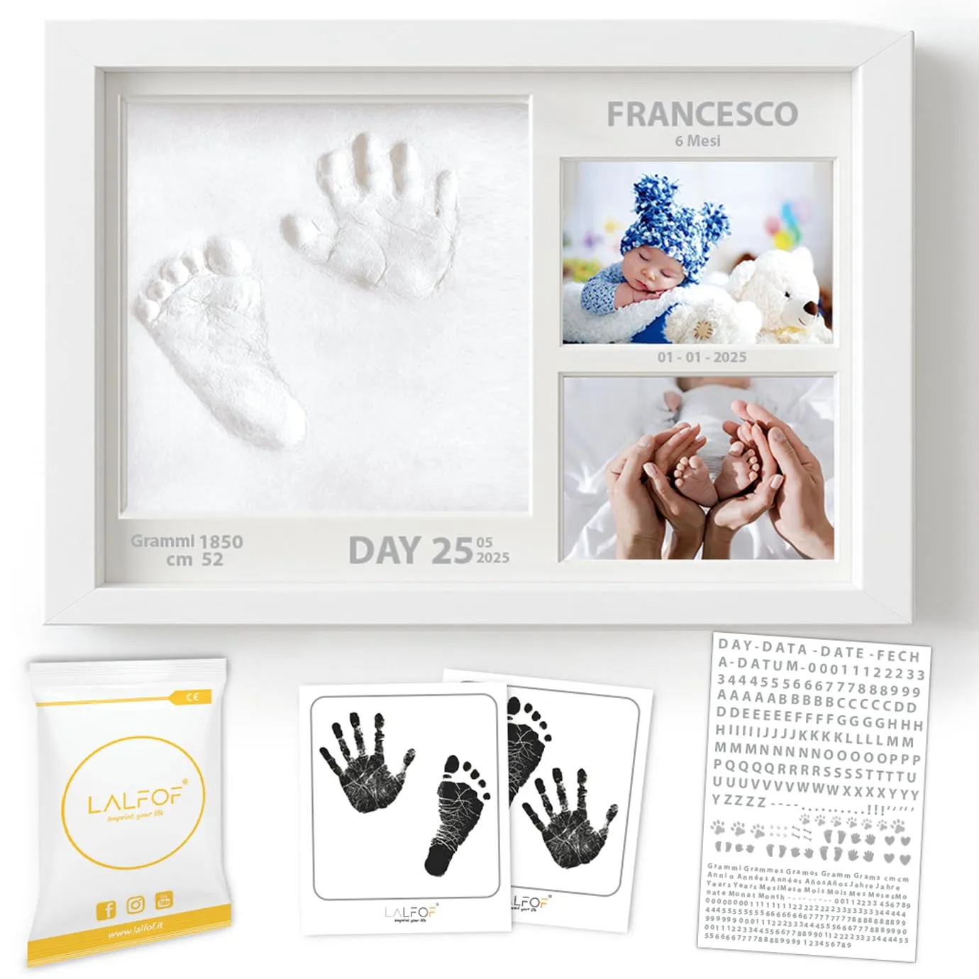 Lalfof® Cornice Impronta Mani e Piedi Neonati 2in1 con Nome. Cornice impronte neonato con kit in argilla e inkpad. Idea regalo per neonato maschio o regalo neonata femmina. kit impronte neonato 2in1