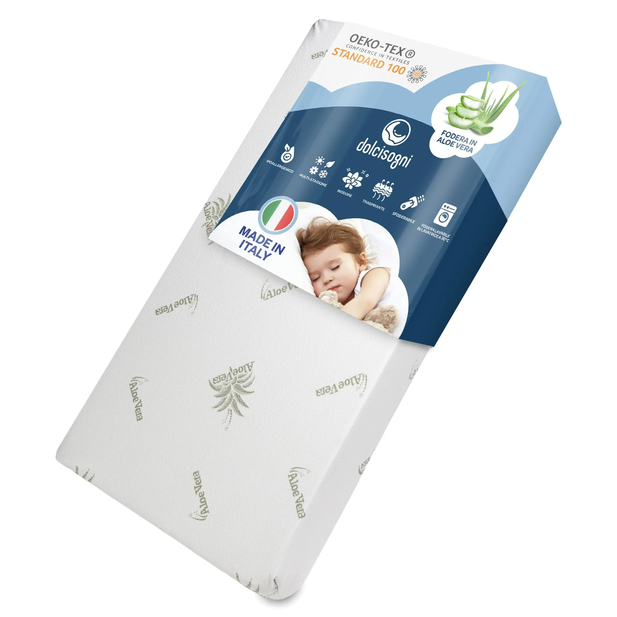 DOLCI SOGNI Materasso Lettino 60x120 cm Spessore 10 cm, OEKO-TEX® e CertiPUR™ Materasso Culla Bambino per Lettino Neonati, Fodera in Aloe Vera Sfoderabile e Lavabile, Materasso Lettino Neonato