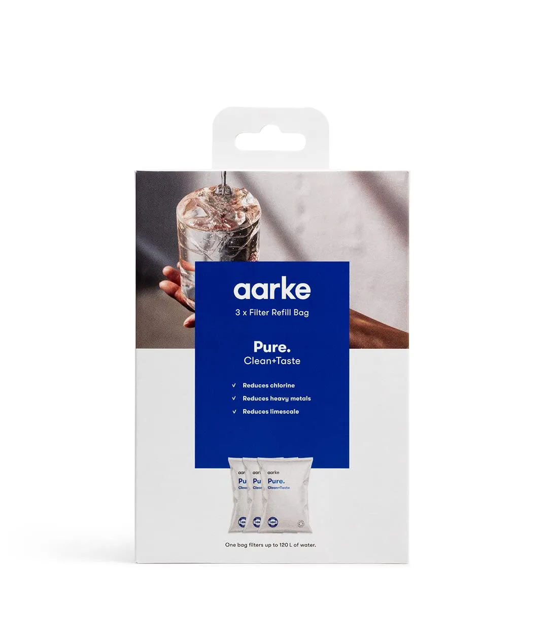 Aarke confezione da 3 sacche di ricarica filtro Pure – riduzione di cloro, metalli pesanti e calcare – fino a 120 litri / 32 galloni di acqua filtrata per sacca