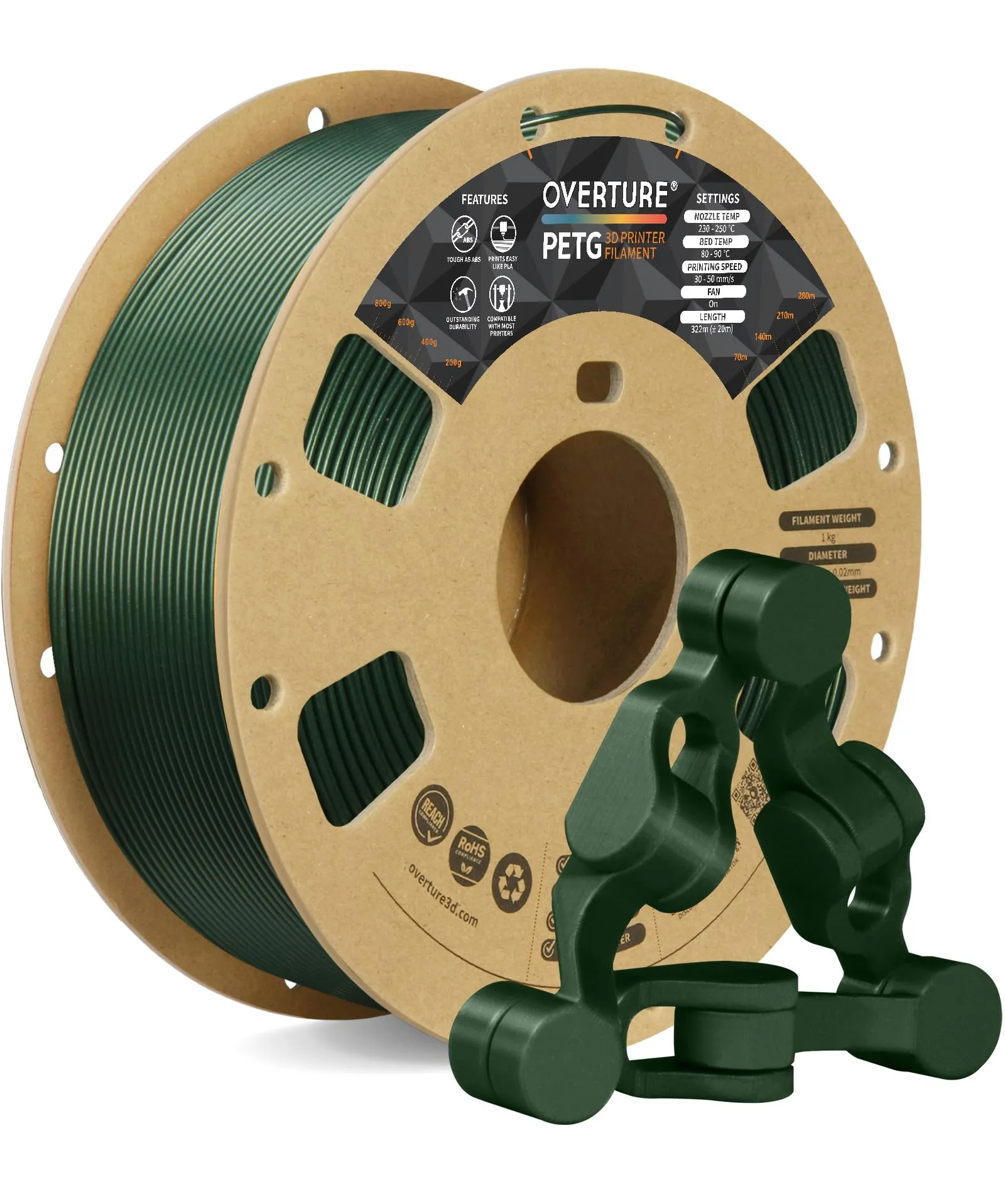 OVERTURE PETG Filamento 1.75mm, 1kg Bobina(2.2lbs), Neatly Wound Durevole PETG Filament per Stampante 3D, Precisione Dimensionale +/- 0.02 mm, 3D Printer Filamento (Verde Militare)
