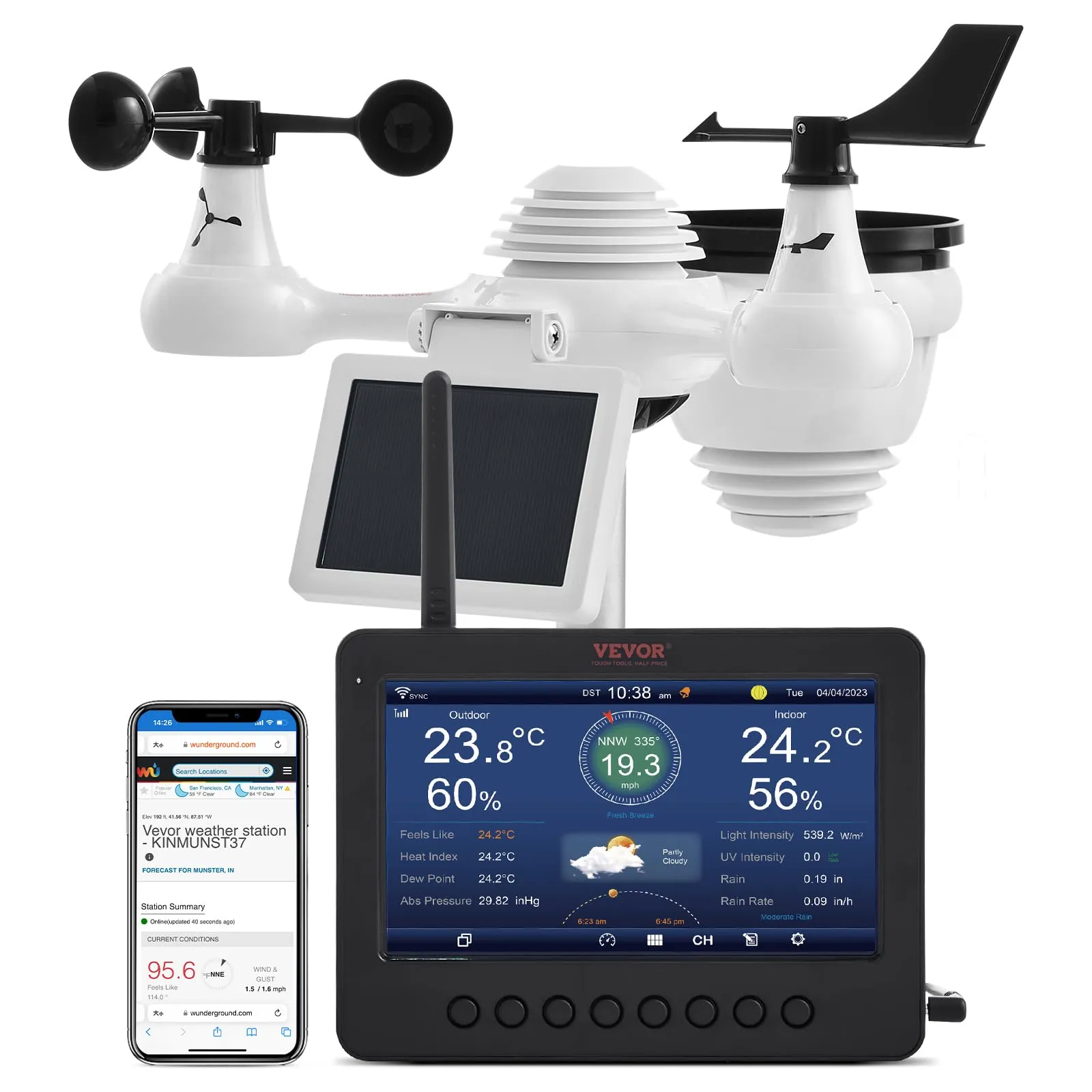 VEVOR Stazione Meteorologica Wireless 7 in 1 con Wi-Fi, Display TFT Colorato 158 mm, Sensore Esterno Alimentato a Energia Solare, Include Temperatura Umidità Velocità Direzione Vento Precipitazioni