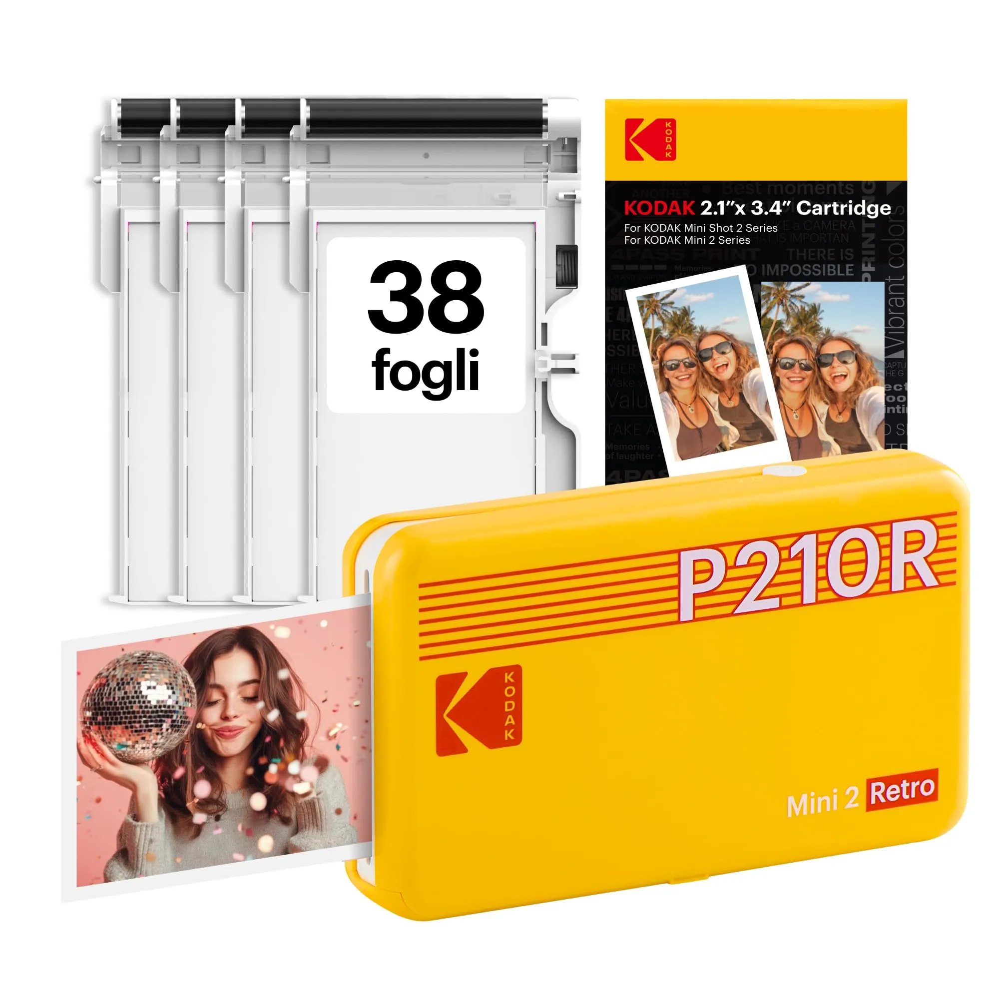 KODAK Mini 2 Retro 4PASS Stampante Fotografica Portatile (5.3x8.6cm) + Pacchetto con 68 Fogli, Giallo