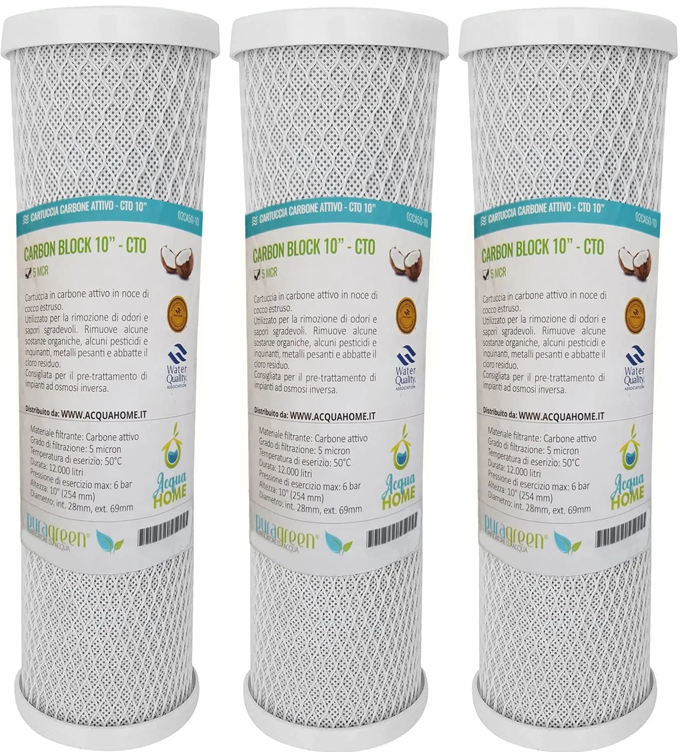 3x PURAGREEN® Filtri Carbon Block 10" CBC - CTO 5 MCR- Filtro a carbone attivo per acqua potabile, sistemi ad osmosi inversa, per alloggiamenti a filtro da 10"