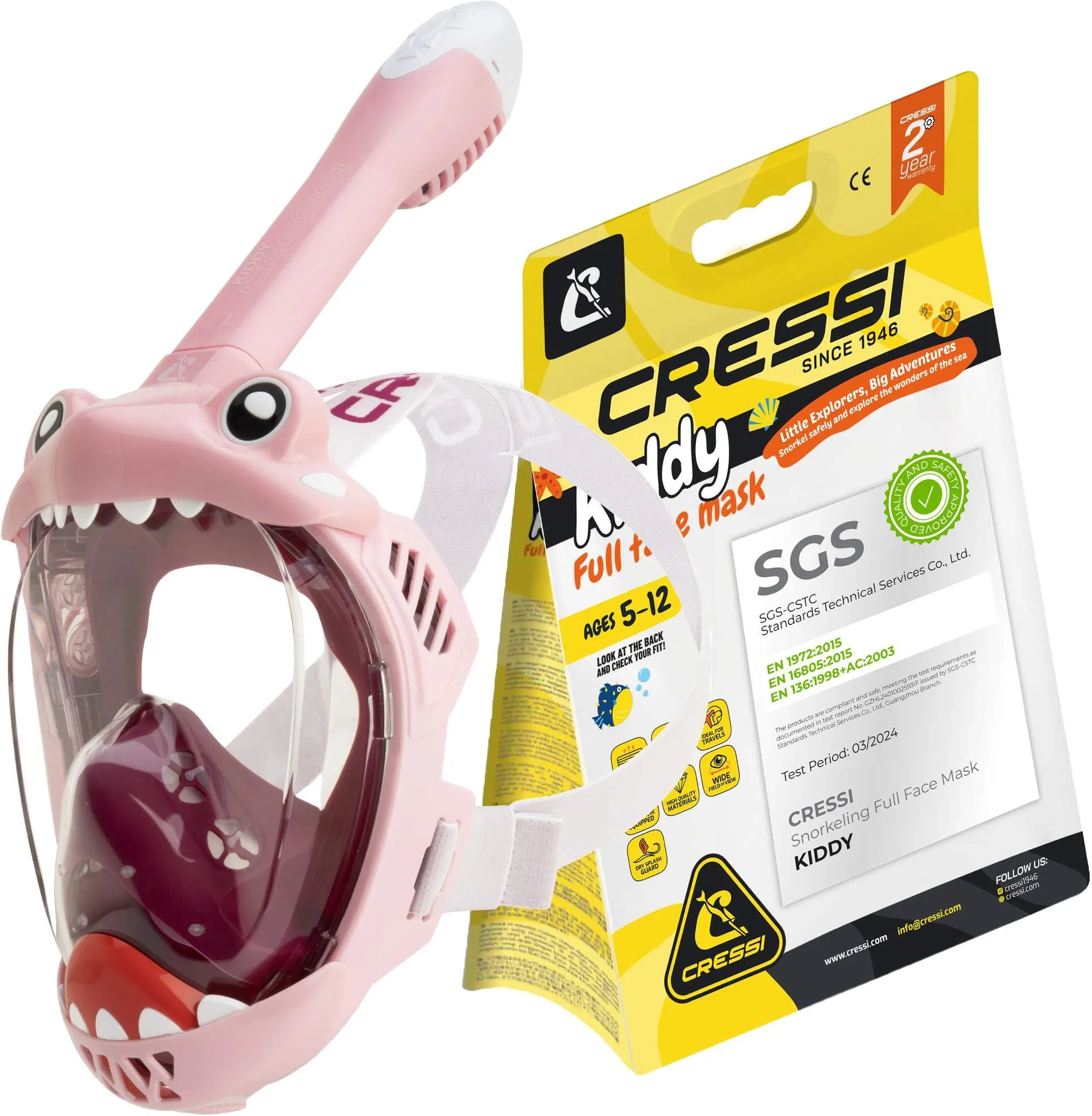 CRESSI Kiddy Kids Full Face Mask, Maschera Integrale Progettata Appositamente per i Bambini, Antiappannamento, Valvola di Scarico e Snorkel Dry Gioventù Unisex, Rosa/Viola/Bianco