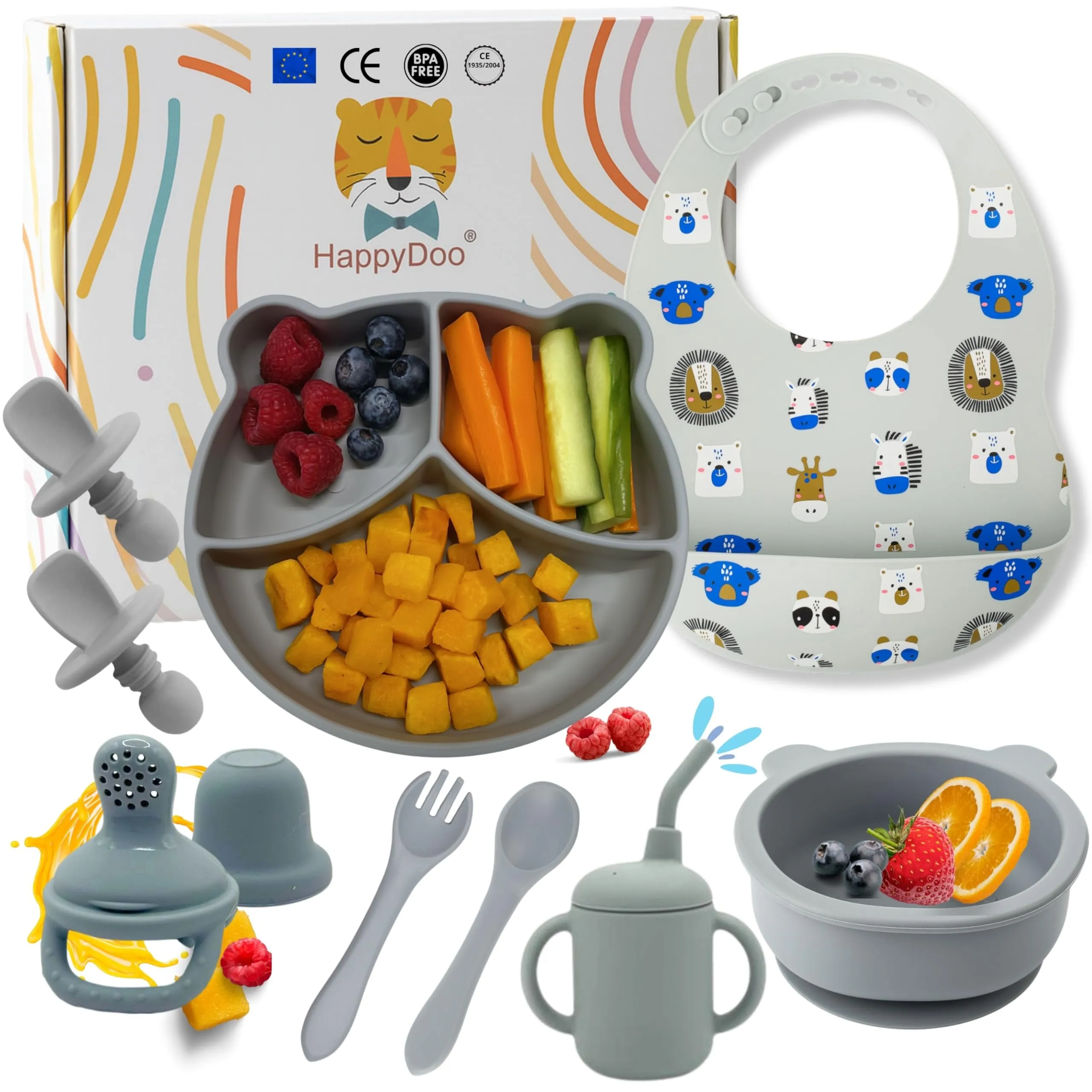 HappyDoo - Set Pappa Svezzamento Bambini - Piattino Pappa Svezzamento + Tazza ventosa bambini + Cucchiaio e bavaglino in silicone - Set Svezzamento prima pappa - No BPA