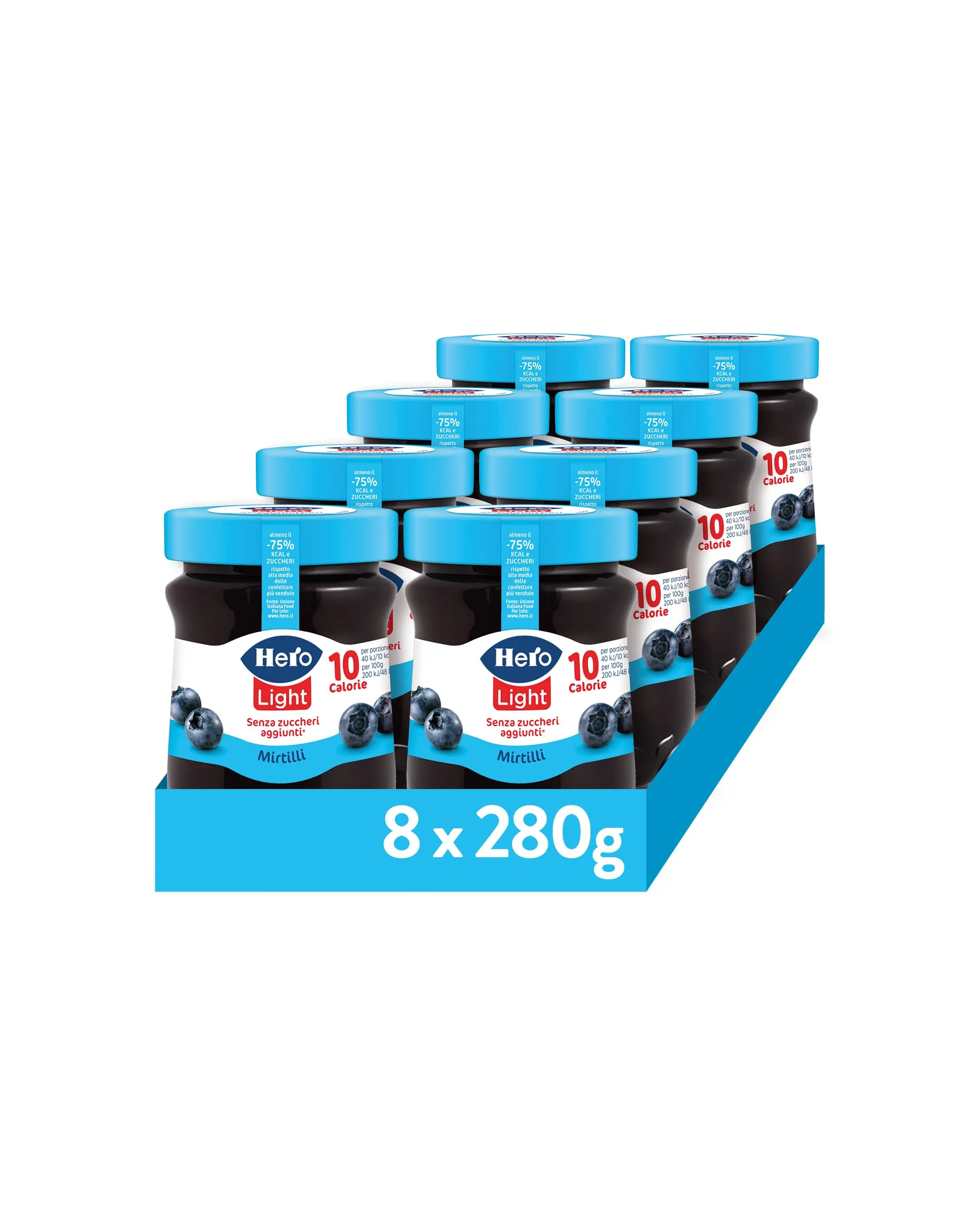 Hero Light Confettura di Mirtilli Light, 8 Vasetti da 280 gr, Marmellata e Confettura Extra con Frutta di Alta Qualità, Senza Zuccheri aggiunti e Pochissime Calorie per Porzione