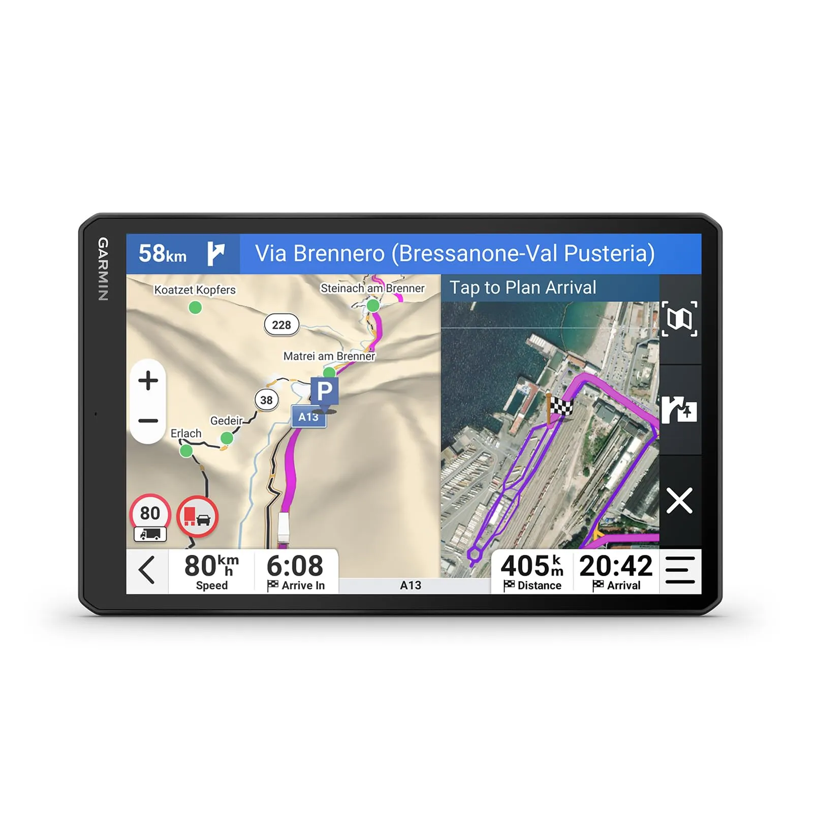 Garmin dēzl LGV820, GPS per autocarri con display luminoso da 8'', informazioni sul traffico in tempo reale, assistenza vocale, itinerari personalizzati, mappe UE, avvisi meteo
