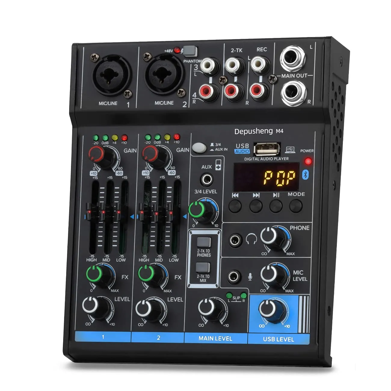 Depusheng M4 Mixer audio professionale Scheda audio Console interfaccia di sistema USB digitale a 4 canali Bluetooth MP3 Ingresso computer 48V Phantom Power Stereo DJ Studio Streaming Nero