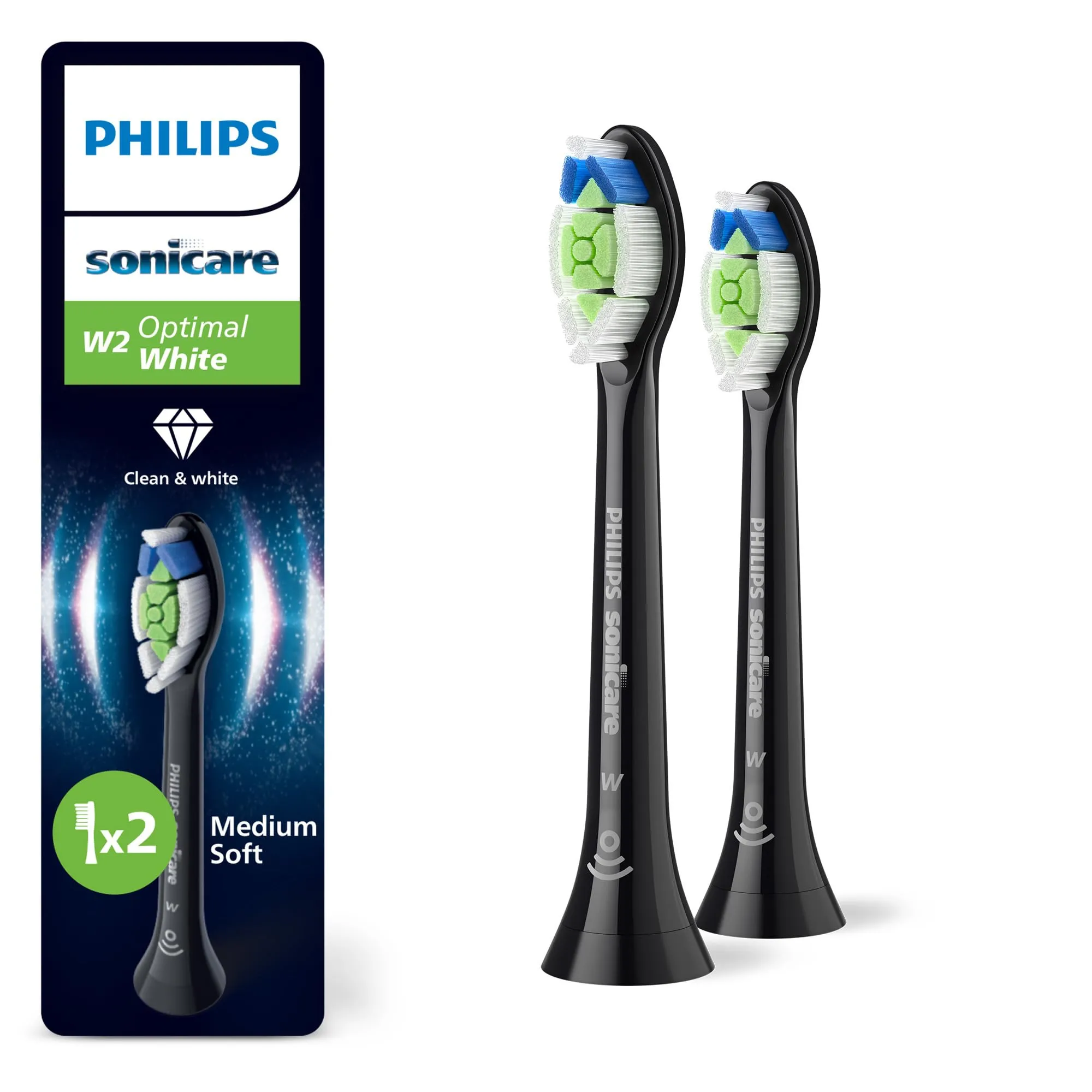 PHILIPS Sonicare W2 Optimal White, testine di ricambio originali, nero, confezione da 2, HX6062/88, Nuovo, 2 Testine